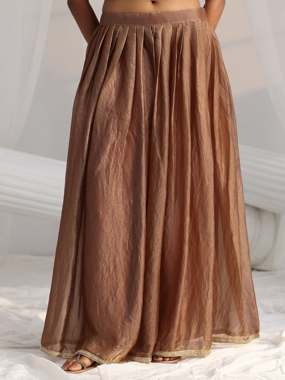 Anouk Art Mocha Brown Floral Embellished Silk Blend Palazzo Suit Set