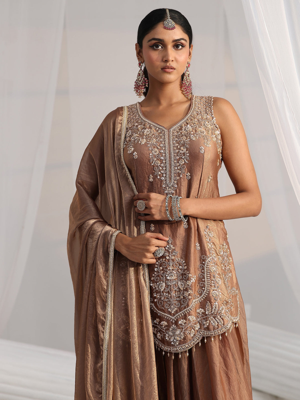 Anouk Art Mocha Brown Floral Embellished Silk Blend Palazzo Suit Set