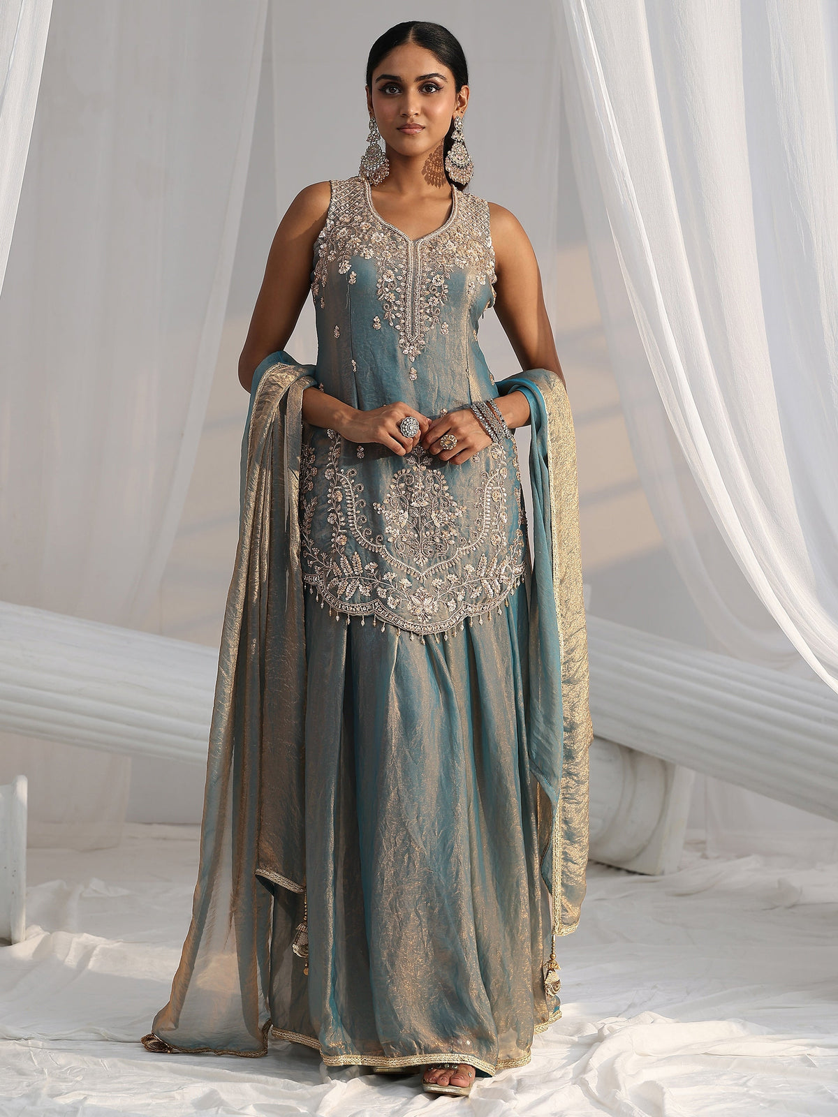 Anouk Art Blue Floral Embroidered Sleeveless Silk Blend Palazzo Suit Set