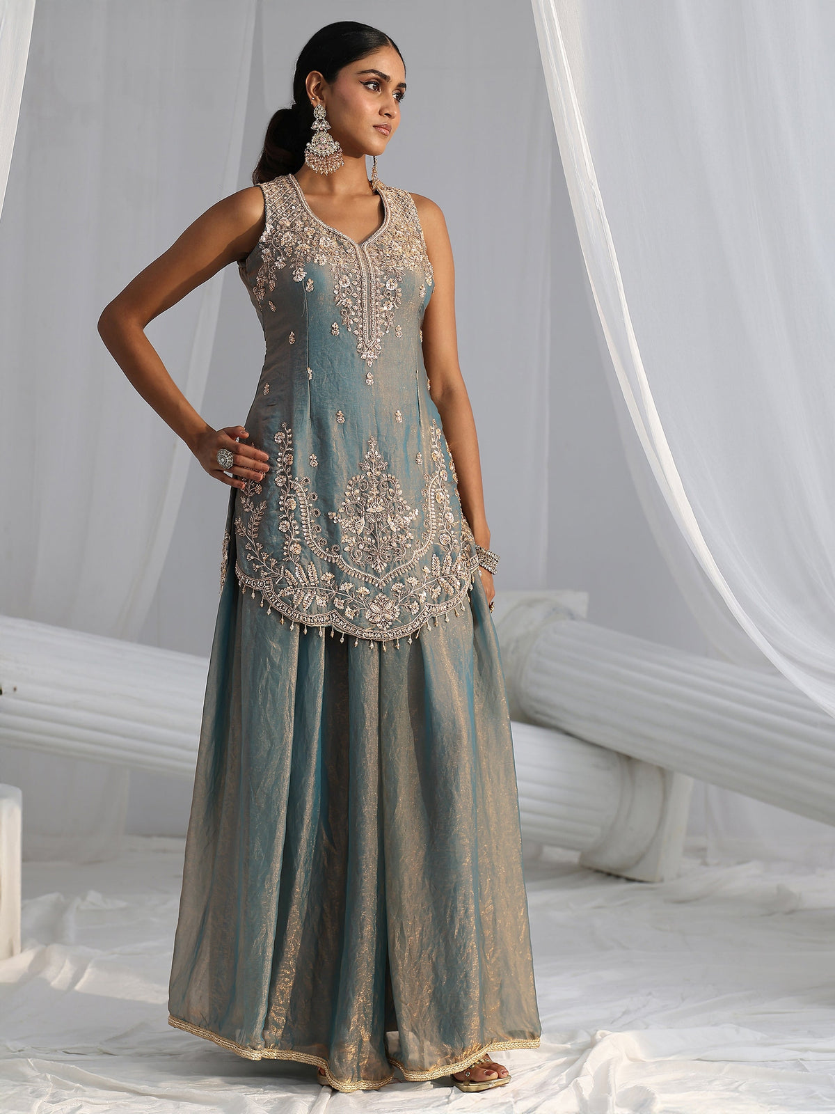 Anouk Art Blue Floral Embroidered Sleeveless Silk Blend Palazzo Suit Set