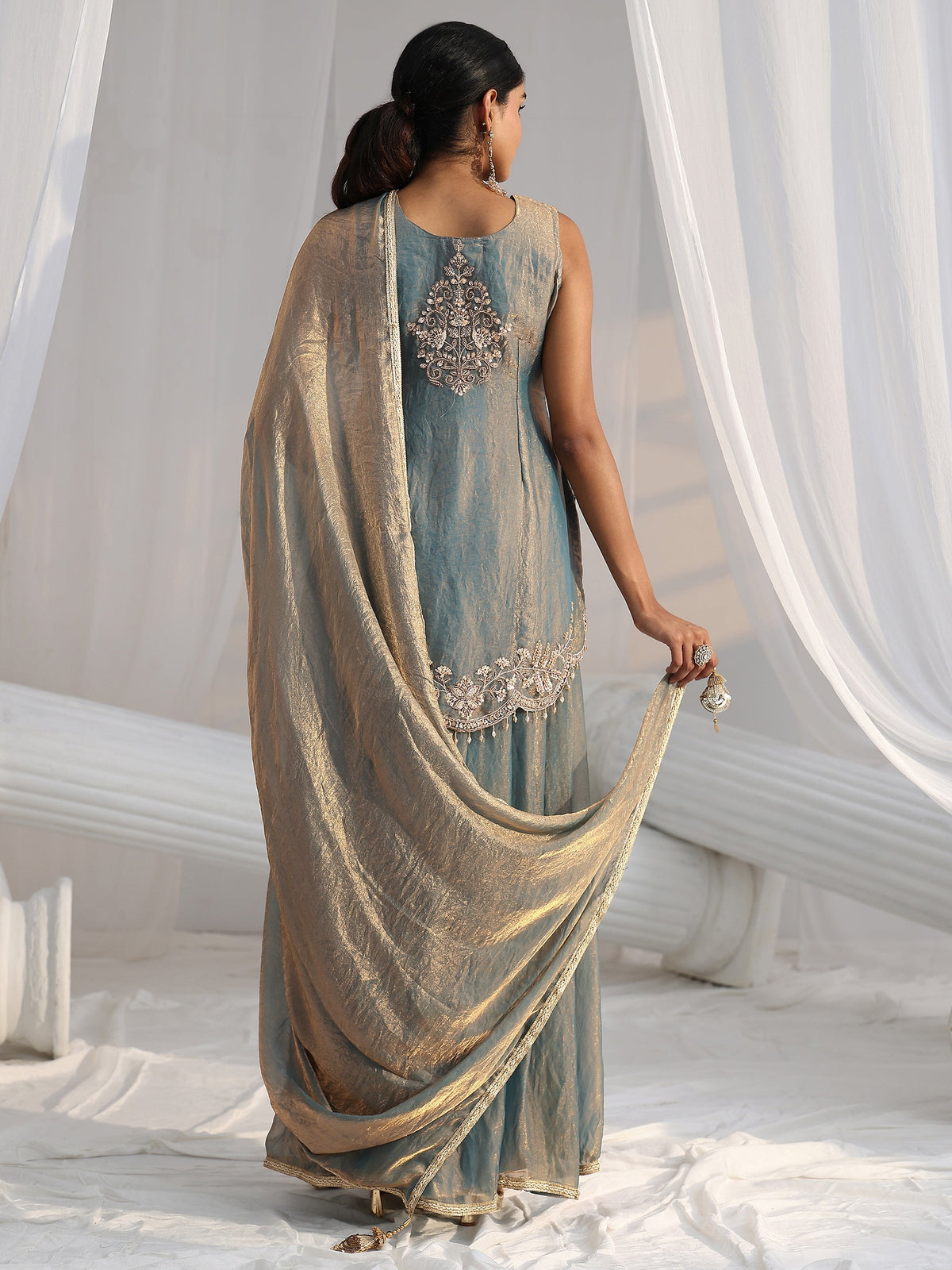 Anouk Art Blue Floral Embroidered Sleeveless Silk Blend Palazzo Suit Set