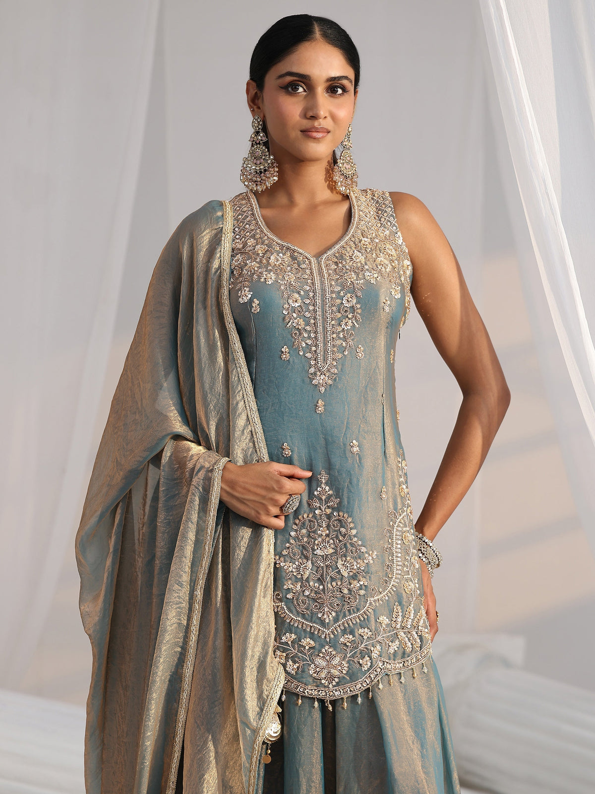 Anouk Art Blue Floral Embroidered Sleeveless Silk Blend Palazzo Suit Set