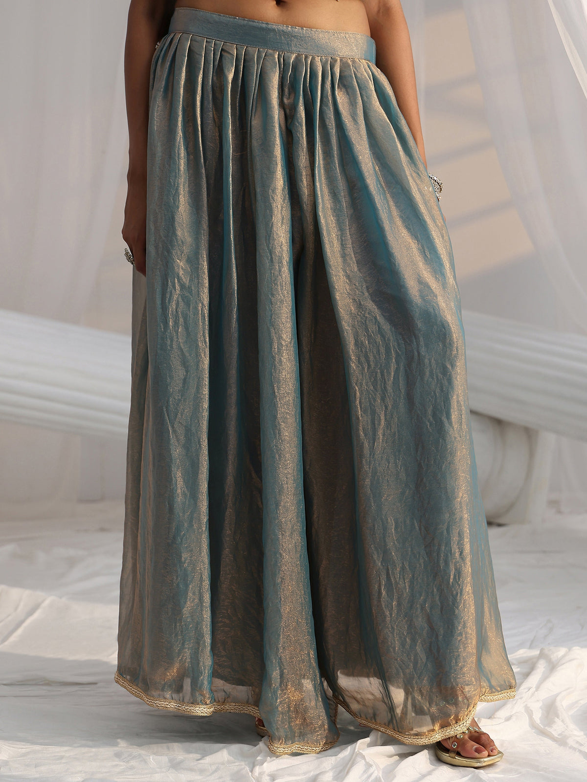 Anouk Art Blue Floral Embroidered Sleeveless Silk Blend Palazzo Suit Set
