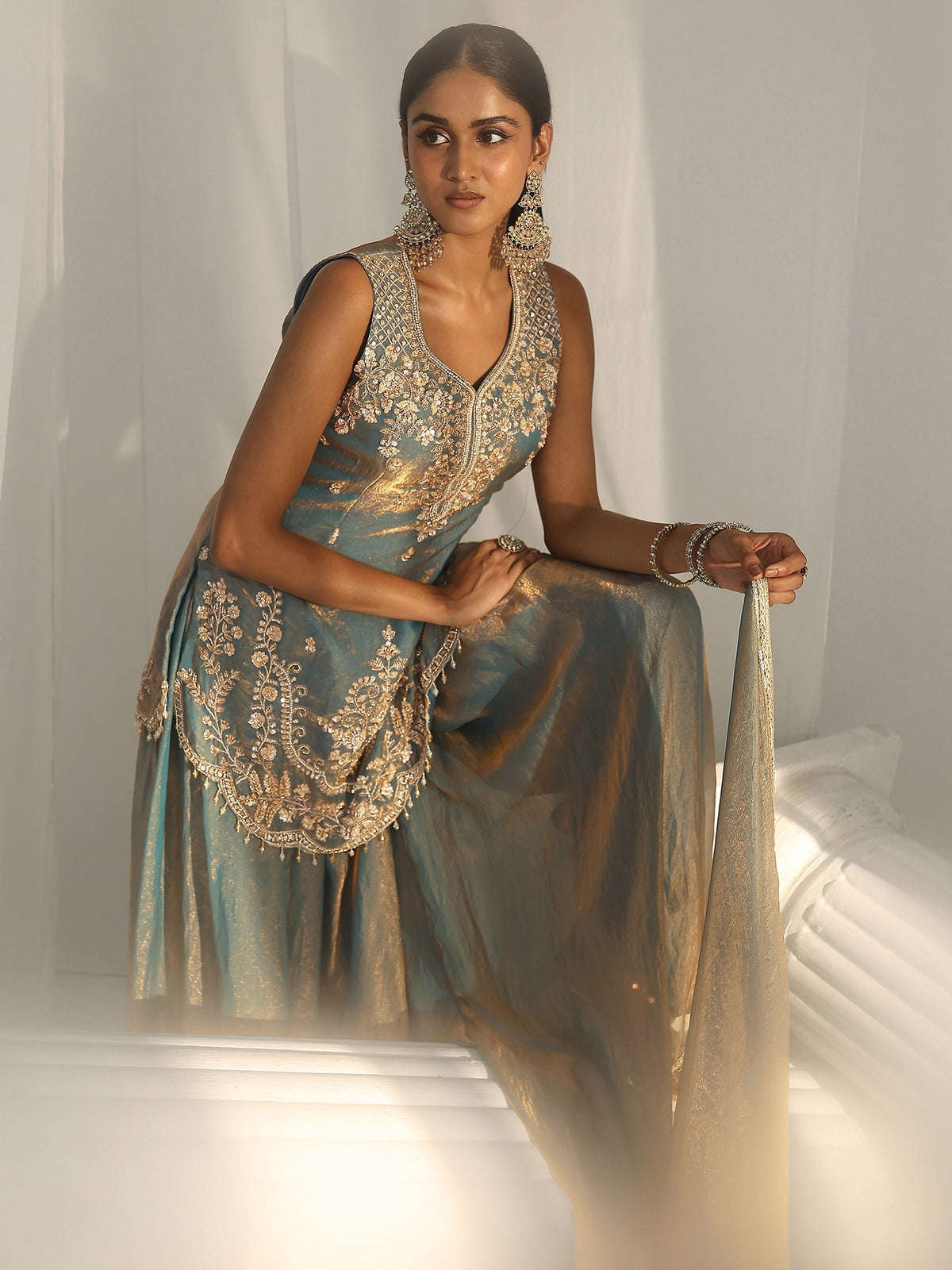 Anouk Art Blue Floral Embroidered Sleeveless Silk Blend Palazzo Suit Set