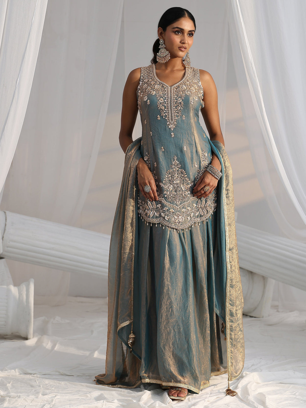 Anouk Art Blue Floral Embroidered Sleeveless Silk Blend Palazzo Suit Set