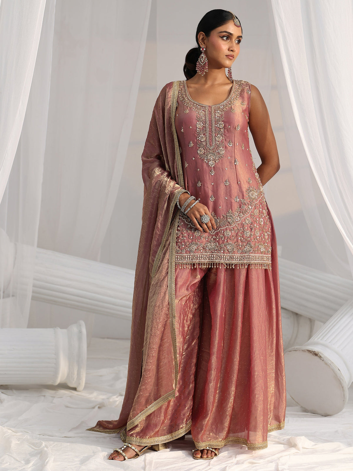 Anouk Art Dusty Rose Pink Embellished Sleeveless Silk Blend Palazzo Suit Set