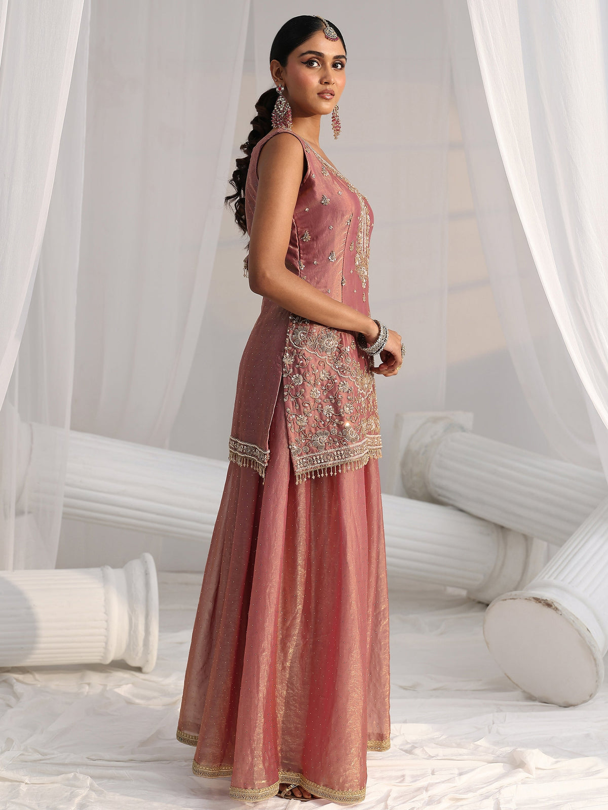 Anouk Art Dusty Rose Pink Embellished Sleeveless Silk Blend Palazzo Suit Set