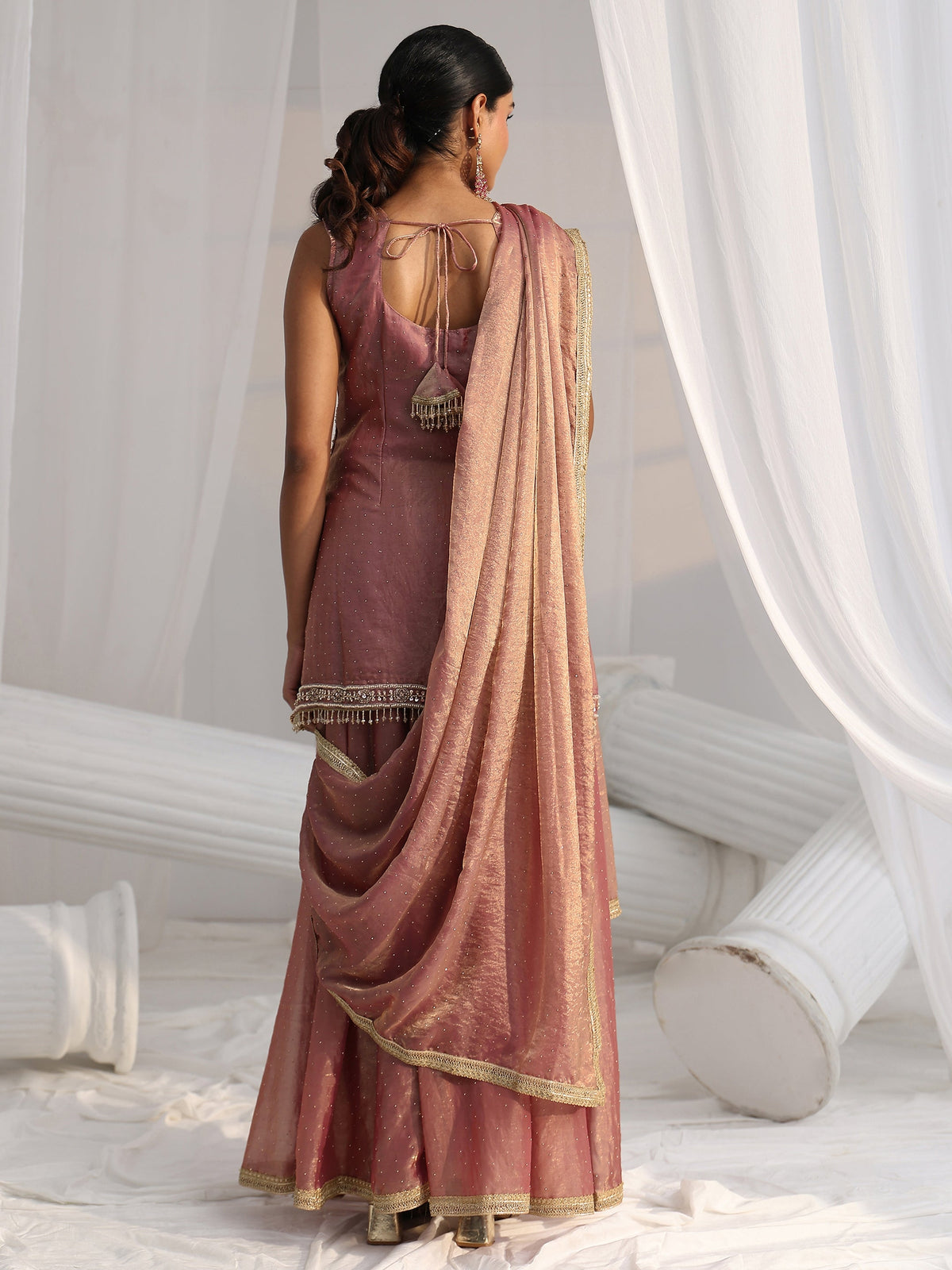 Anouk Art Dusty Rose Pink Embellished Sleeveless Silk Blend Palazzo Suit Set