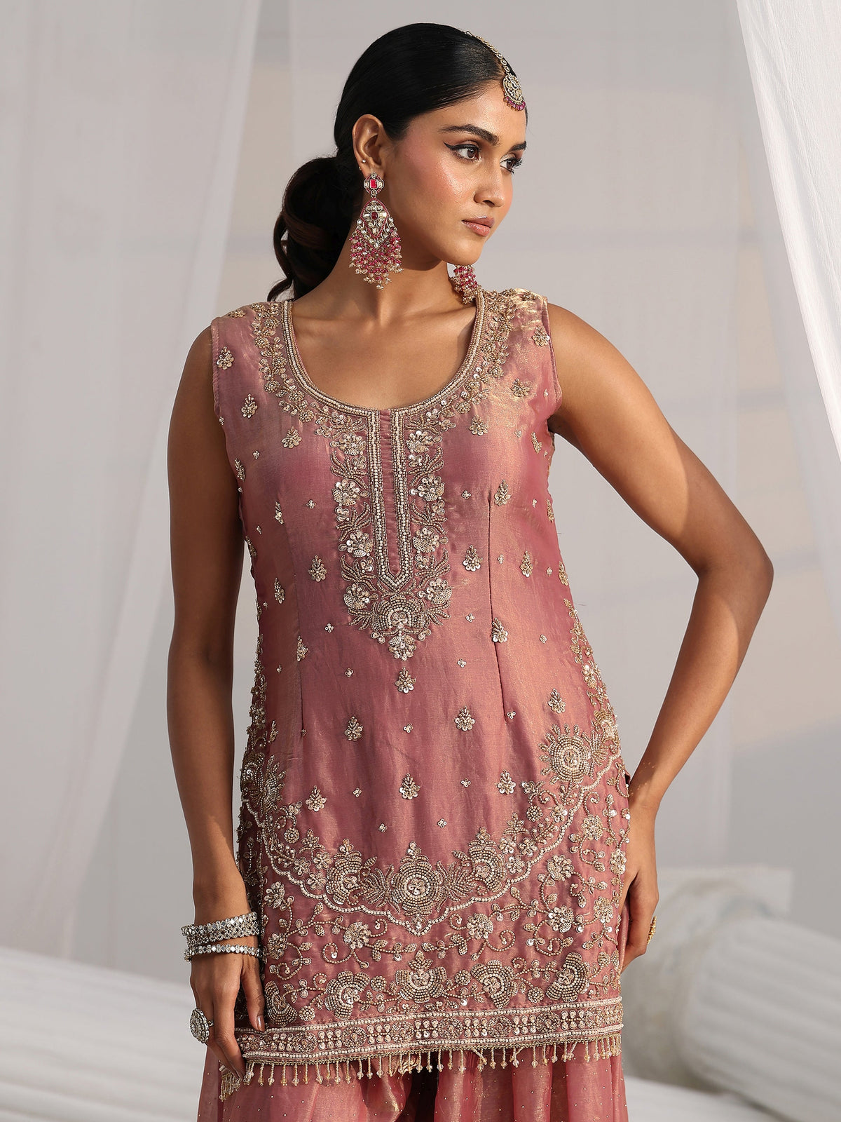 Anouk Art Dusty Rose Pink Embellished Sleeveless Silk Blend Palazzo Suit Set