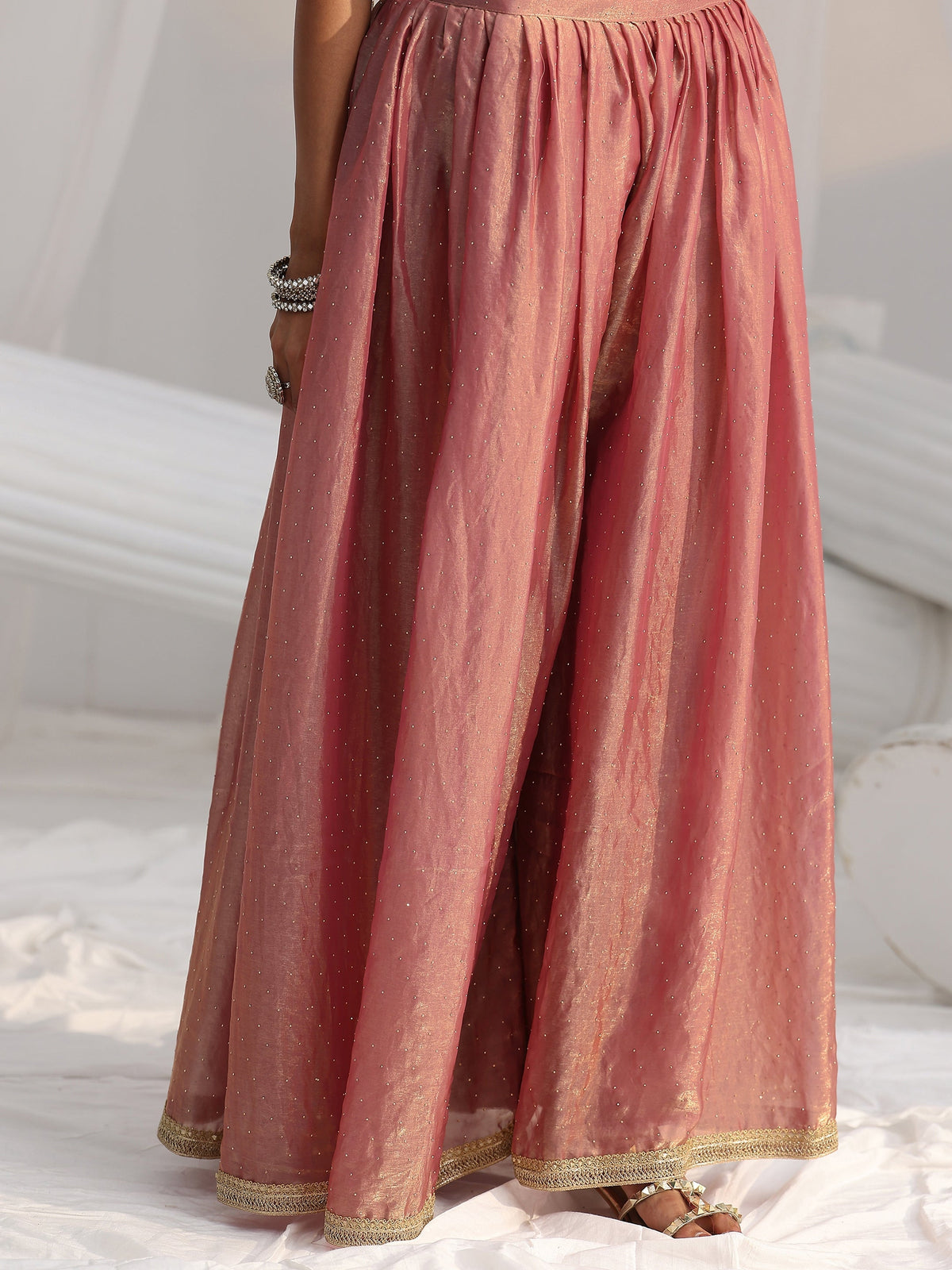 Anouk Art Dusty Rose Pink Embellished Sleeveless Silk Blend Palazzo Suit Set