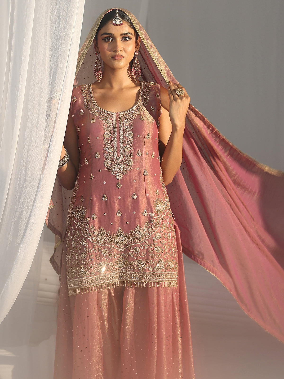 Anouk Art Dusty Rose Pink Embellished Sleeveless Silk Blend Palazzo Suit Set