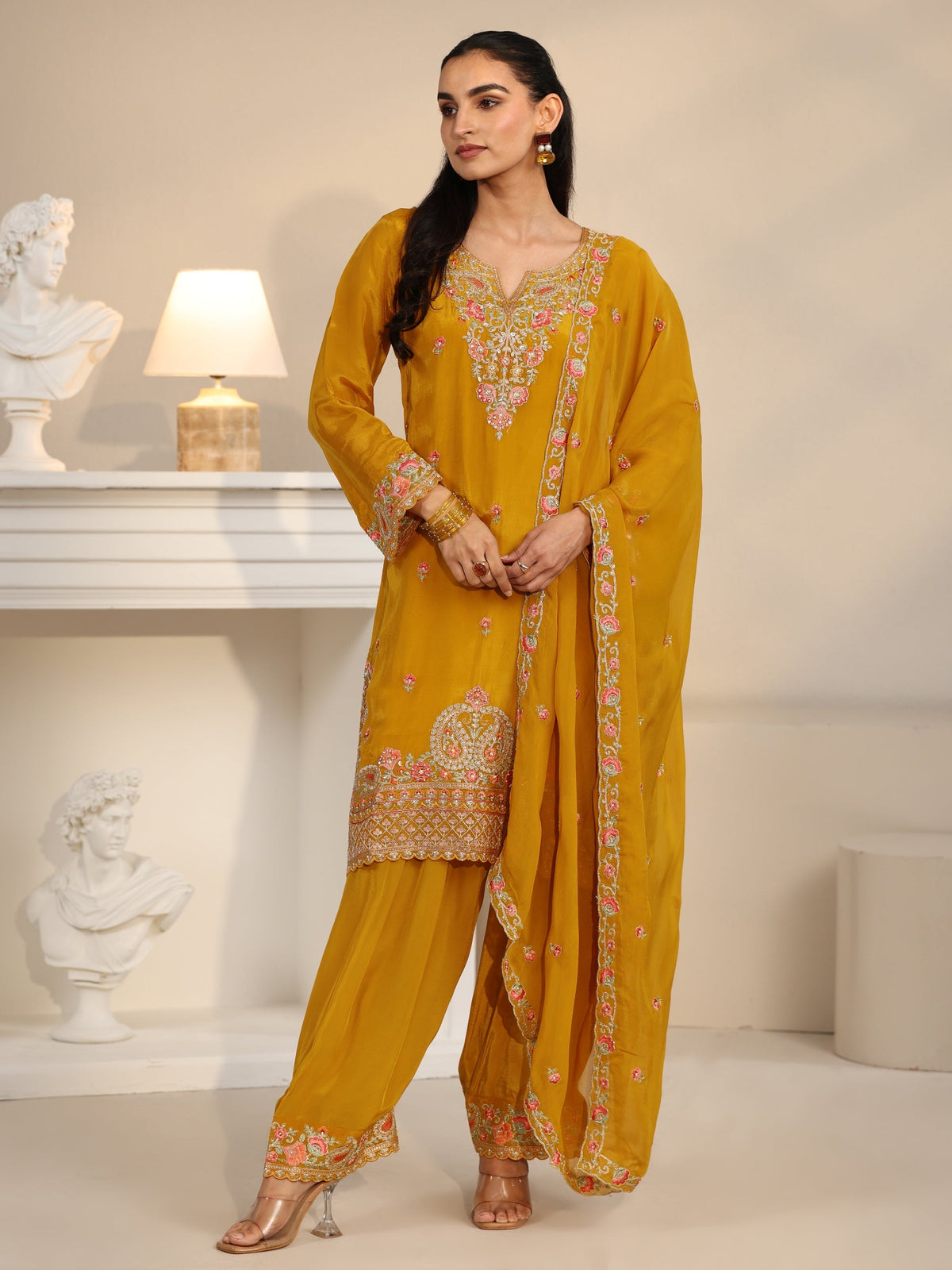 Anouk Art Yellow Floral Embroidered Organza Straight Suit Set