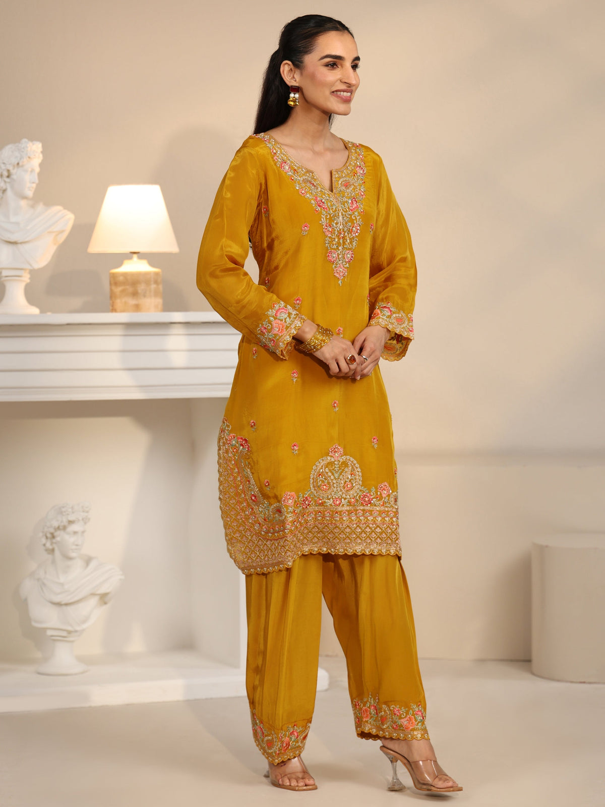 Anouk Art Yellow Floral Embroidered Organza Straight Suit Set