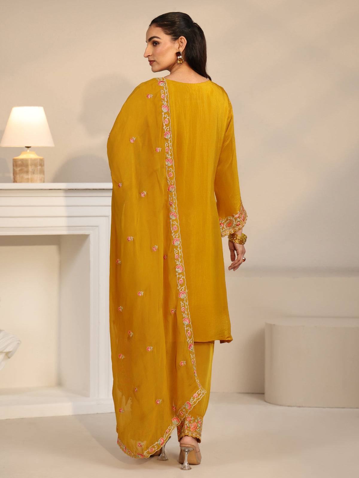 Anouk Art Yellow Floral Embroidered Organza Straight Suit Set