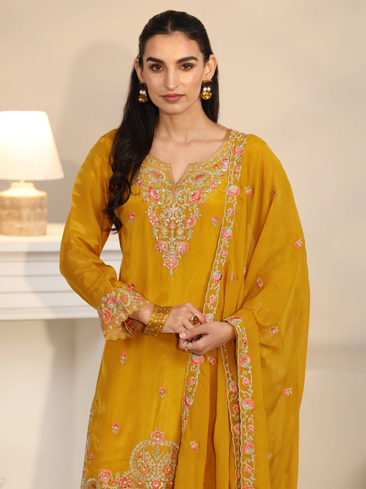 Anouk Art Yellow Floral Embroidered Organza Straight Suit Set