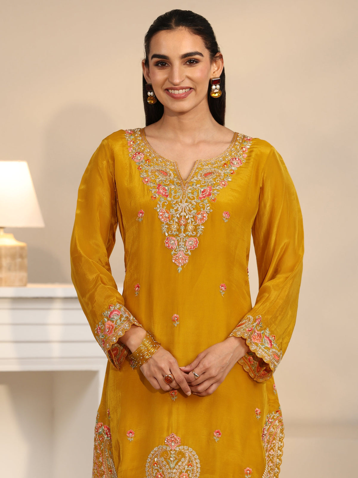 Anouk Art Yellow Floral Embroidered Organza Straight Suit Set