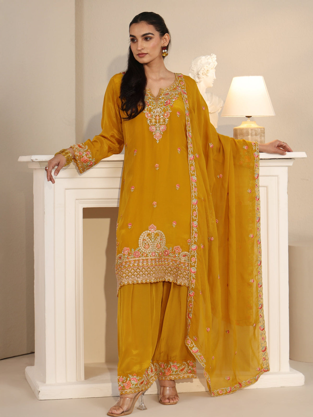 Anouk Art Yellow Floral Embroidered Organza Straight Suit Set
