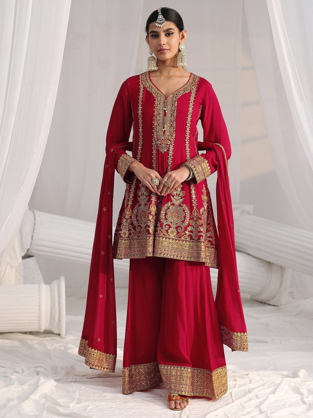 Anouk Art Red Floral Embellished Chinon A Line Palazzo Suit Set
