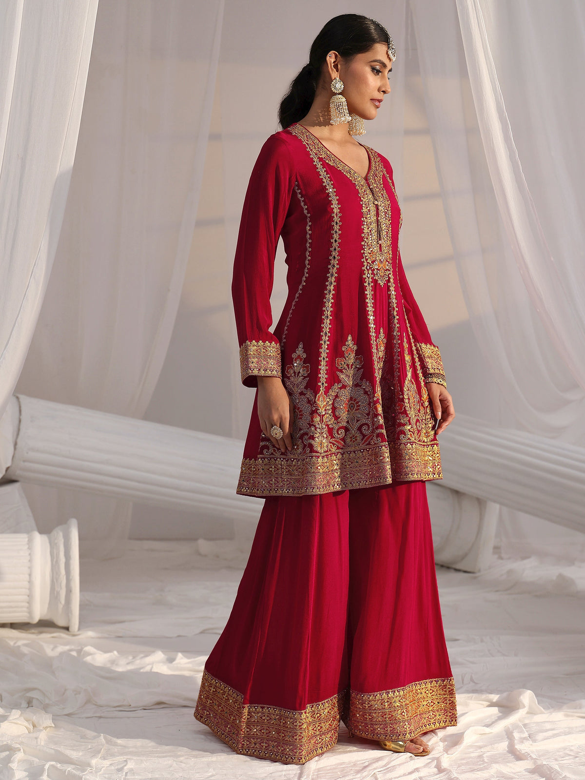 Anouk Art Red Floral Embellished Chinon A Line Palazzo Suit Set