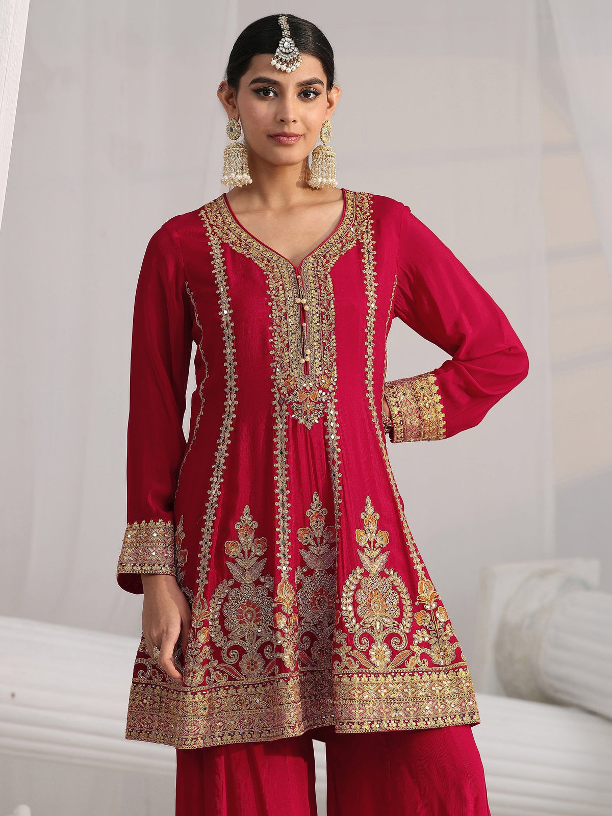 Anouk Art Red Floral Embellished Chinon A Line Palazzo Suit Set