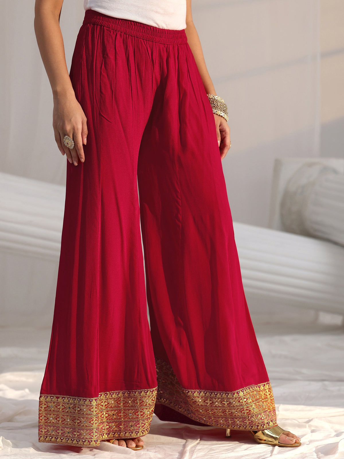 Anouk Art Red Floral Embellished Chinon A Line Palazzo Suit Set