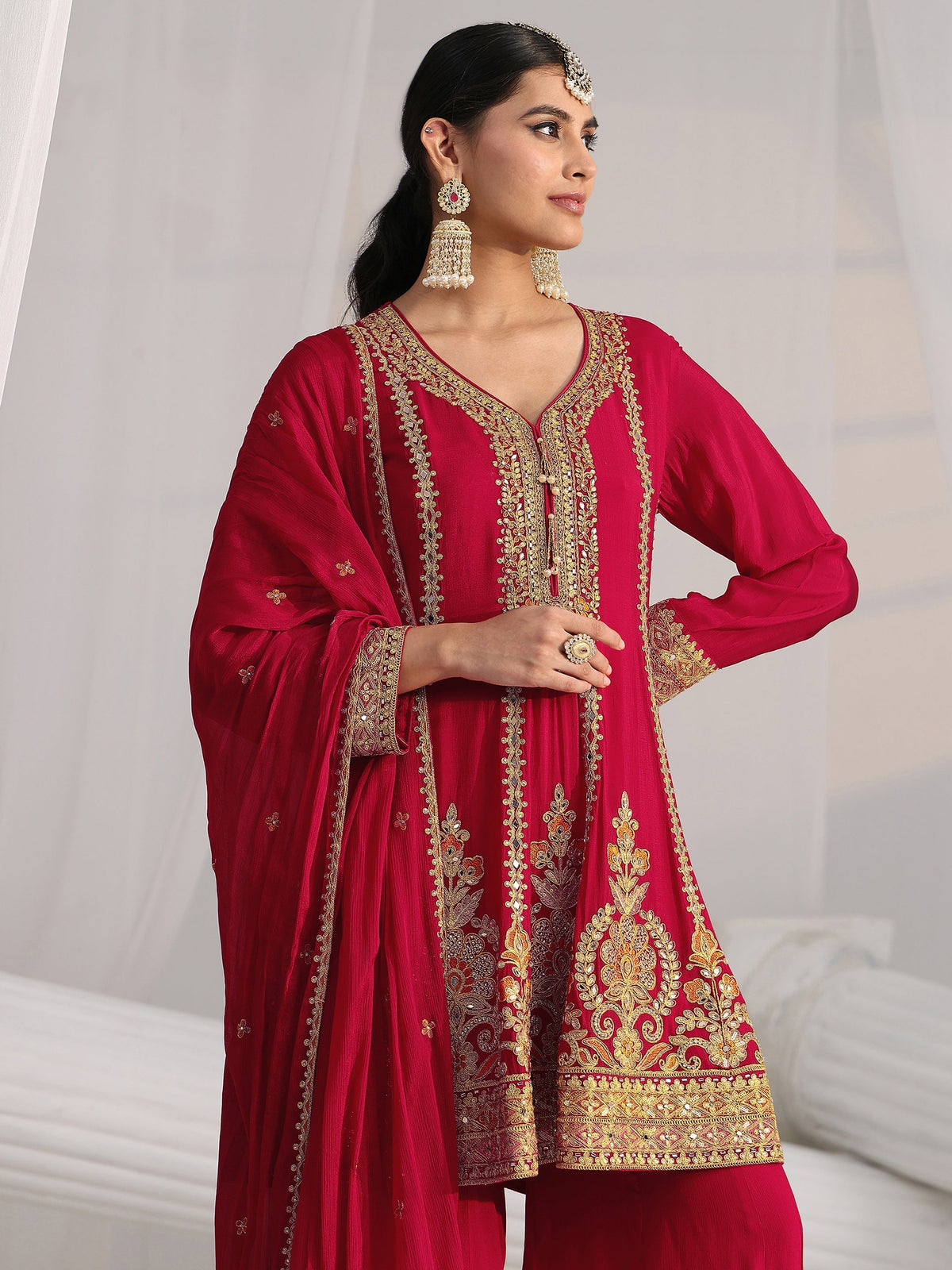 Anouk Art Red Floral Embellished Chinon A Line Palazzo Suit Set