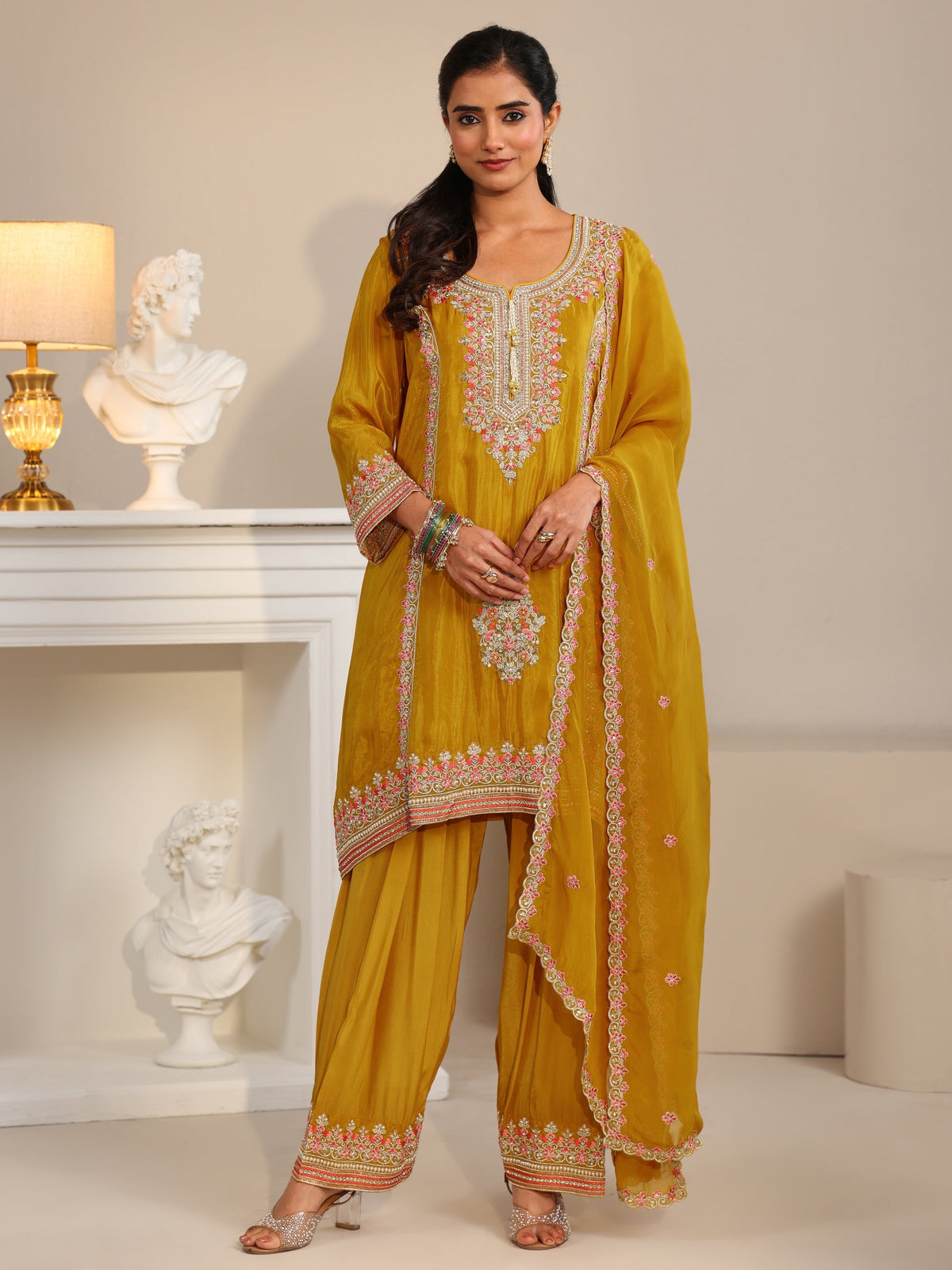 Anouk Art Mustard Floral Embellished Organza Straight Suit Set