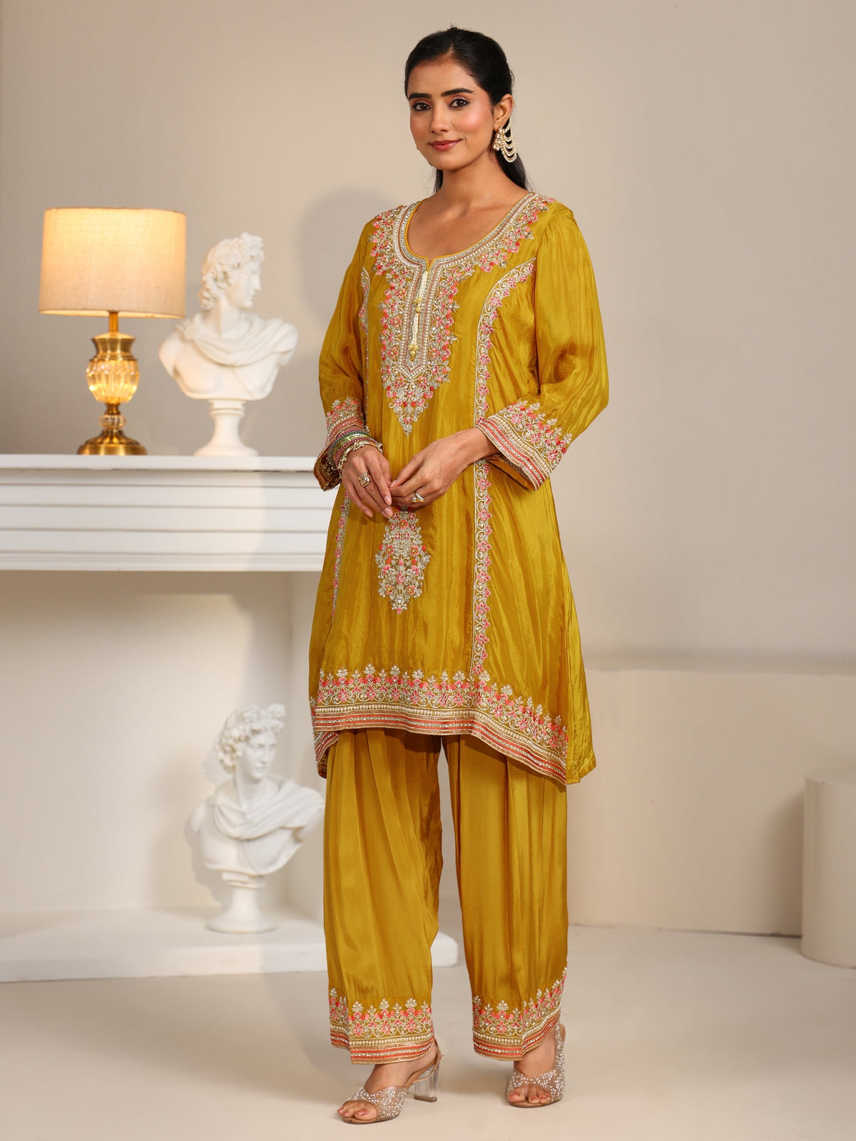 Anouk Art Mustard Floral Embellished Organza Straight Suit Set