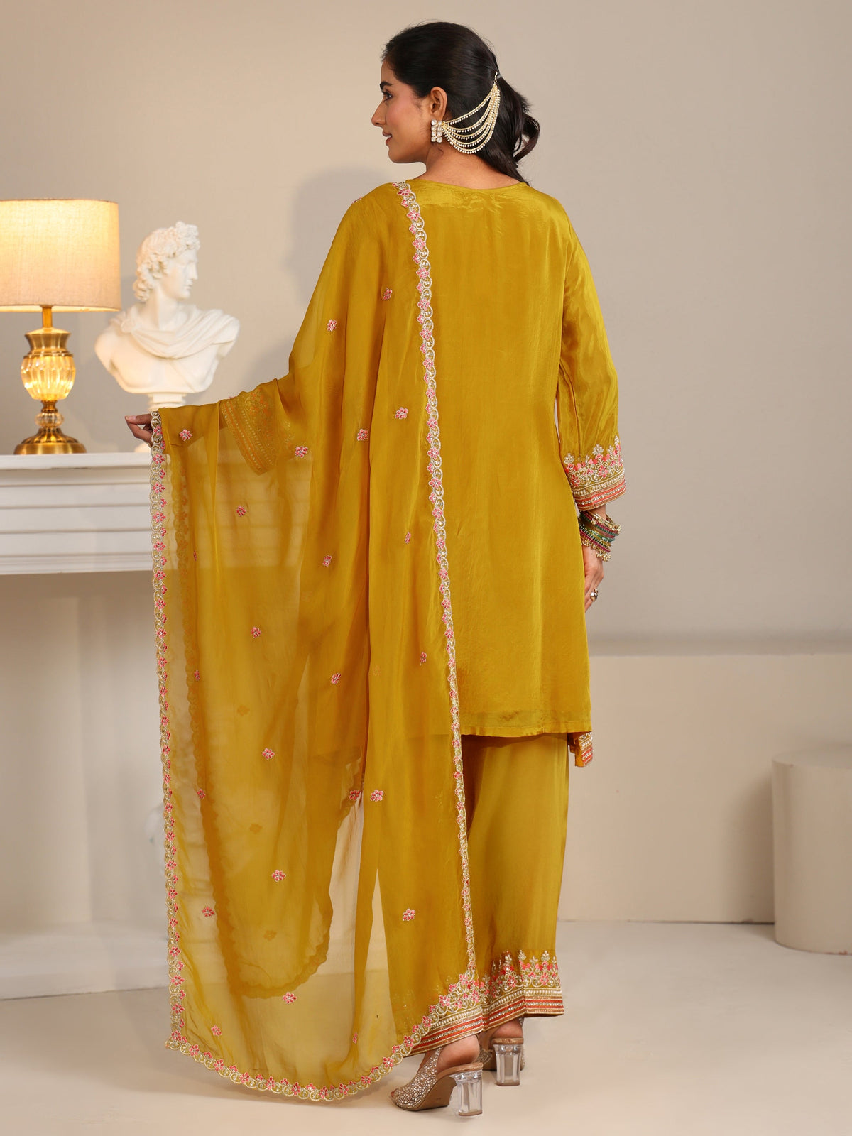 Anouk Art Mustard Floral Embellished Organza Straight Suit Set