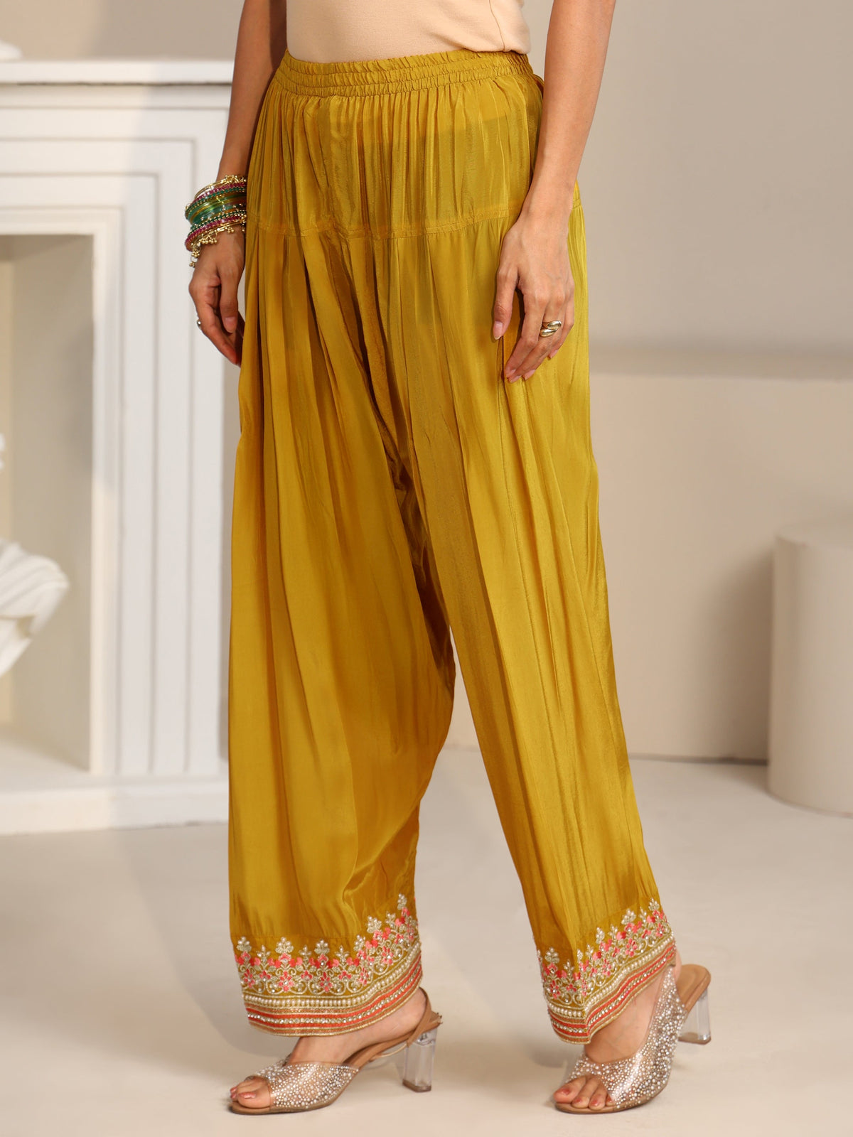 Anouk Art Mustard Floral Embellished Organza Straight Suit Set
