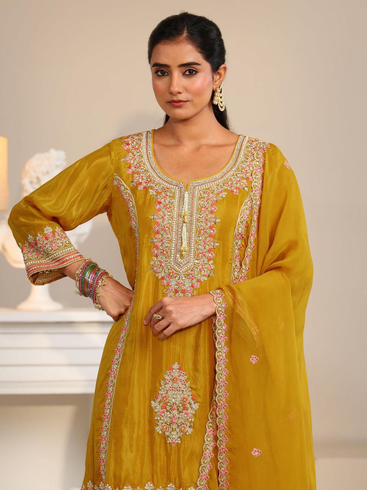 Anouk Art Mustard Floral Embellished Organza Straight Suit Set