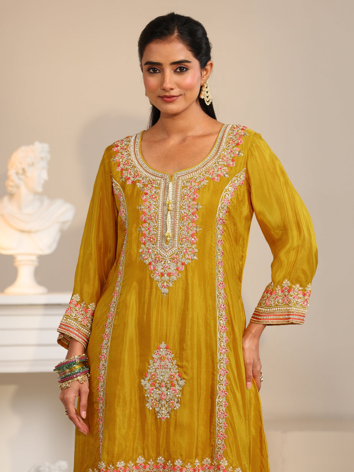 Anouk Art Mustard Floral Embellished Organza Straight Suit Set