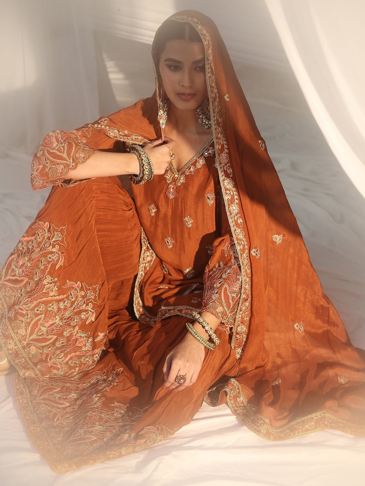 Anouk Art Rust Brown Floral Embroidered Chinon Sharara Suit Set