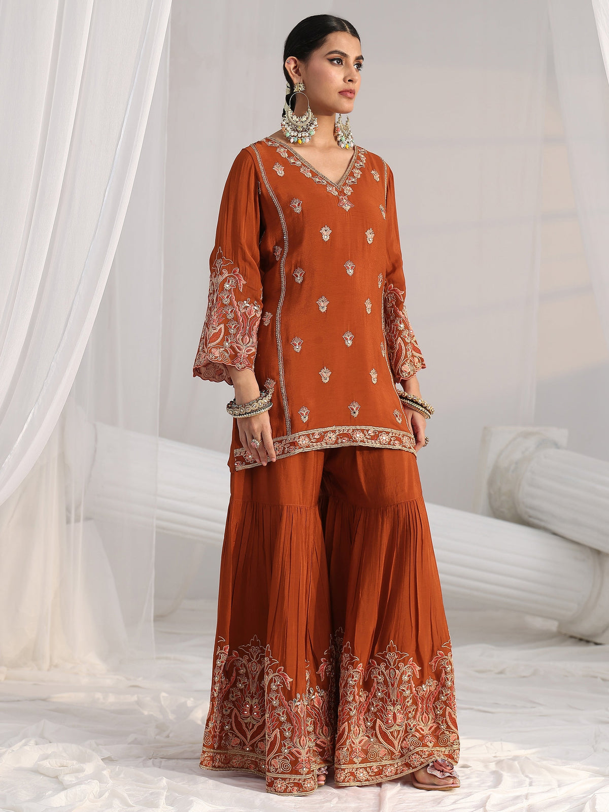 Anouk Art Rust Brown Floral Embroidered Chinon Sharara Suit Set