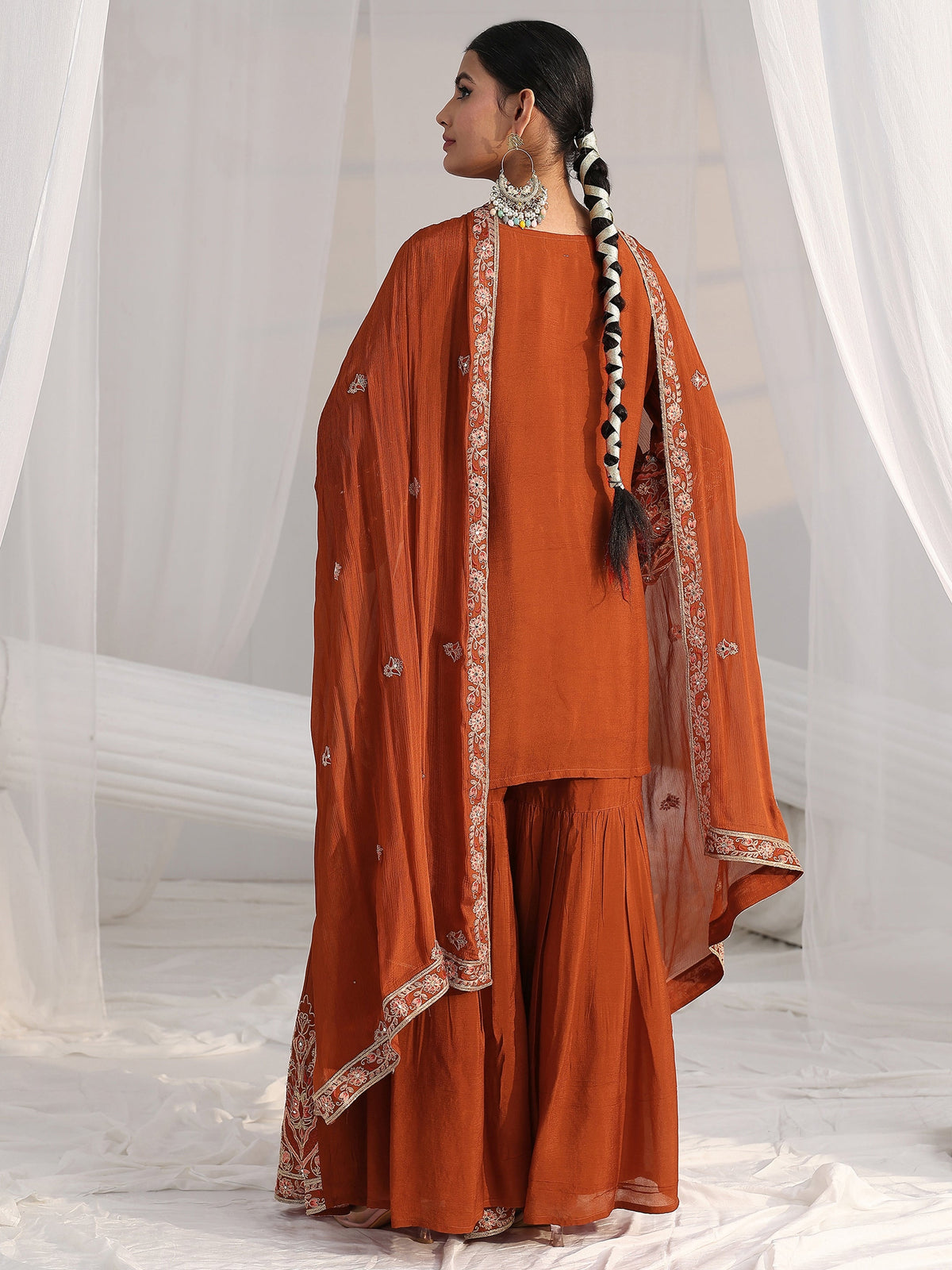 Anouk Art Rust Brown Floral Embroidered Chinon Sharara Suit Set