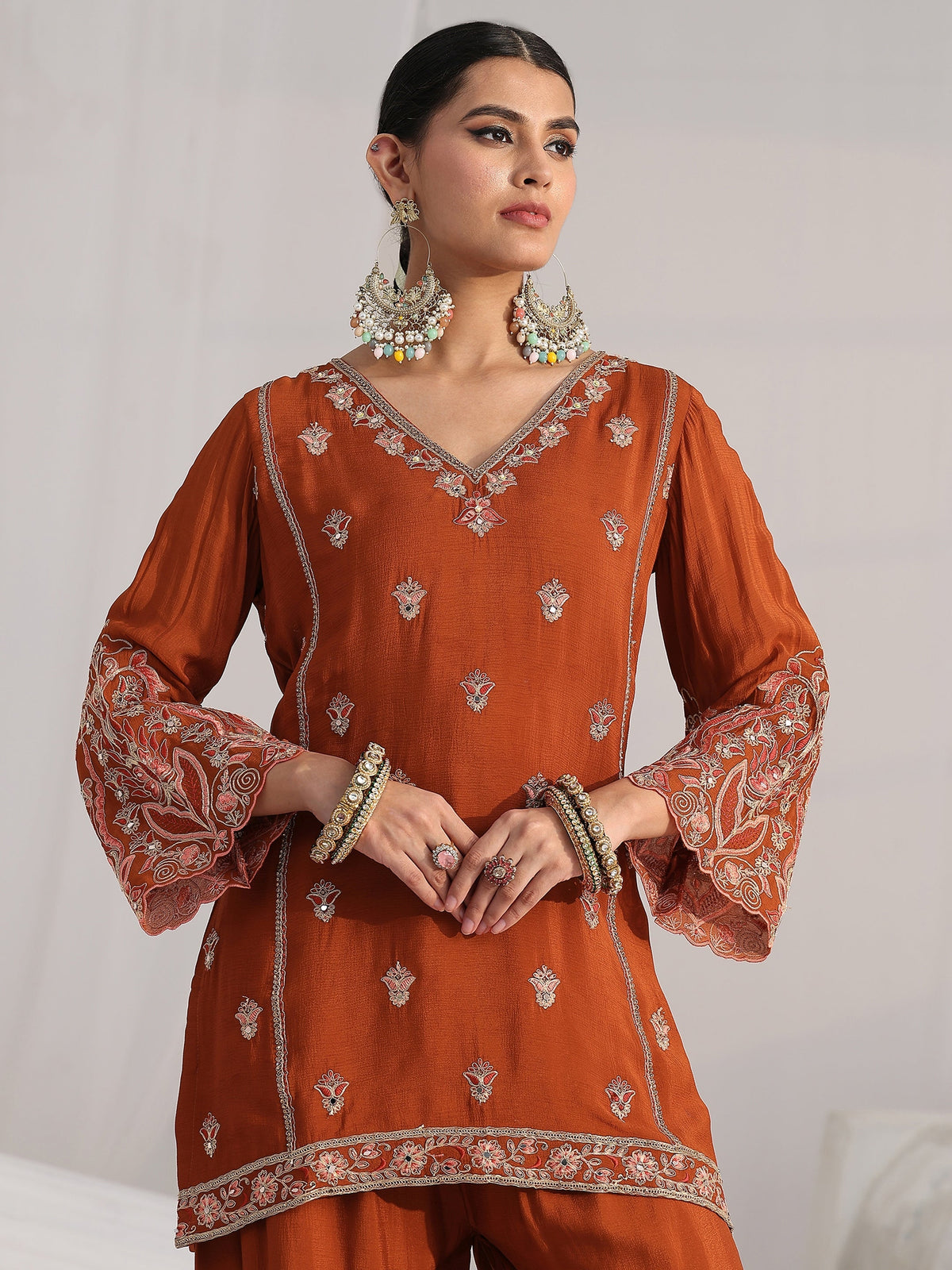 Anouk Art Rust Brown Floral Embroidered Chinon Sharara Suit Set