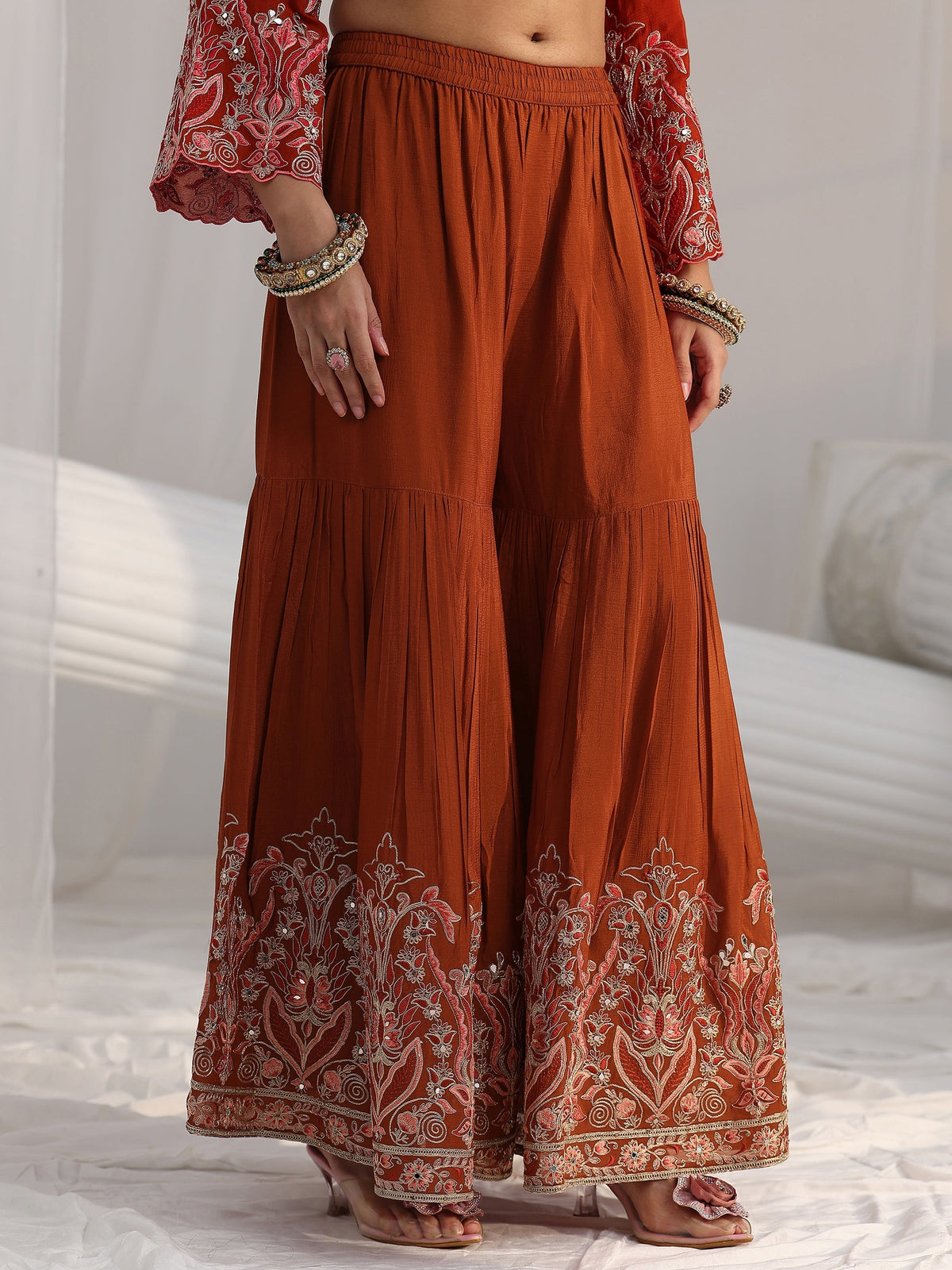 Anouk Art Rust Brown Floral Embroidered Chinon Sharara Suit Set