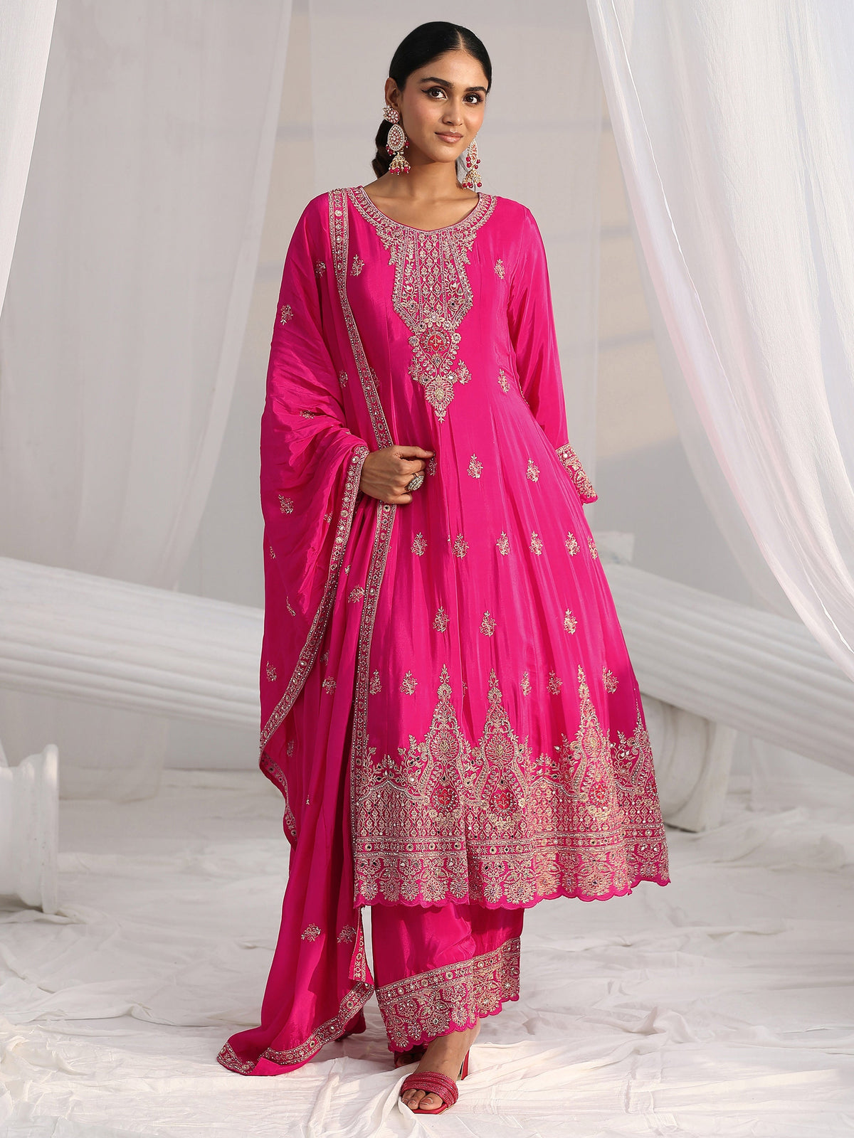 Anouk Art Hot Pink Embellished Crepe A Line Suit Set