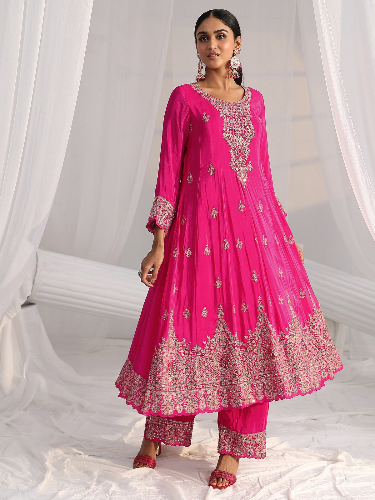 Anouk Art Hot Pink Embellished Crepe A Line Suit Set