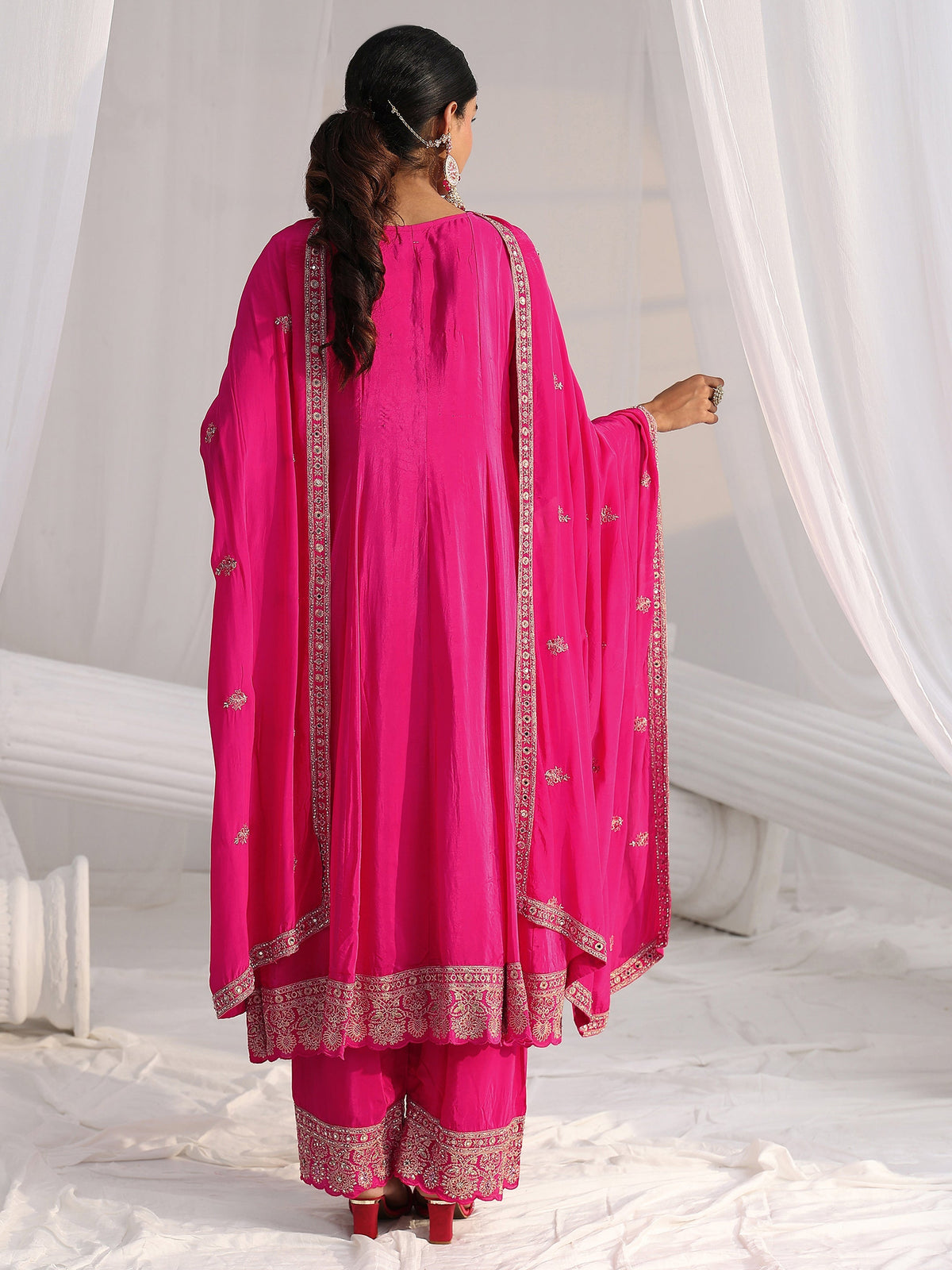 Anouk Art Hot Pink Embellished Crepe A Line Suit Set