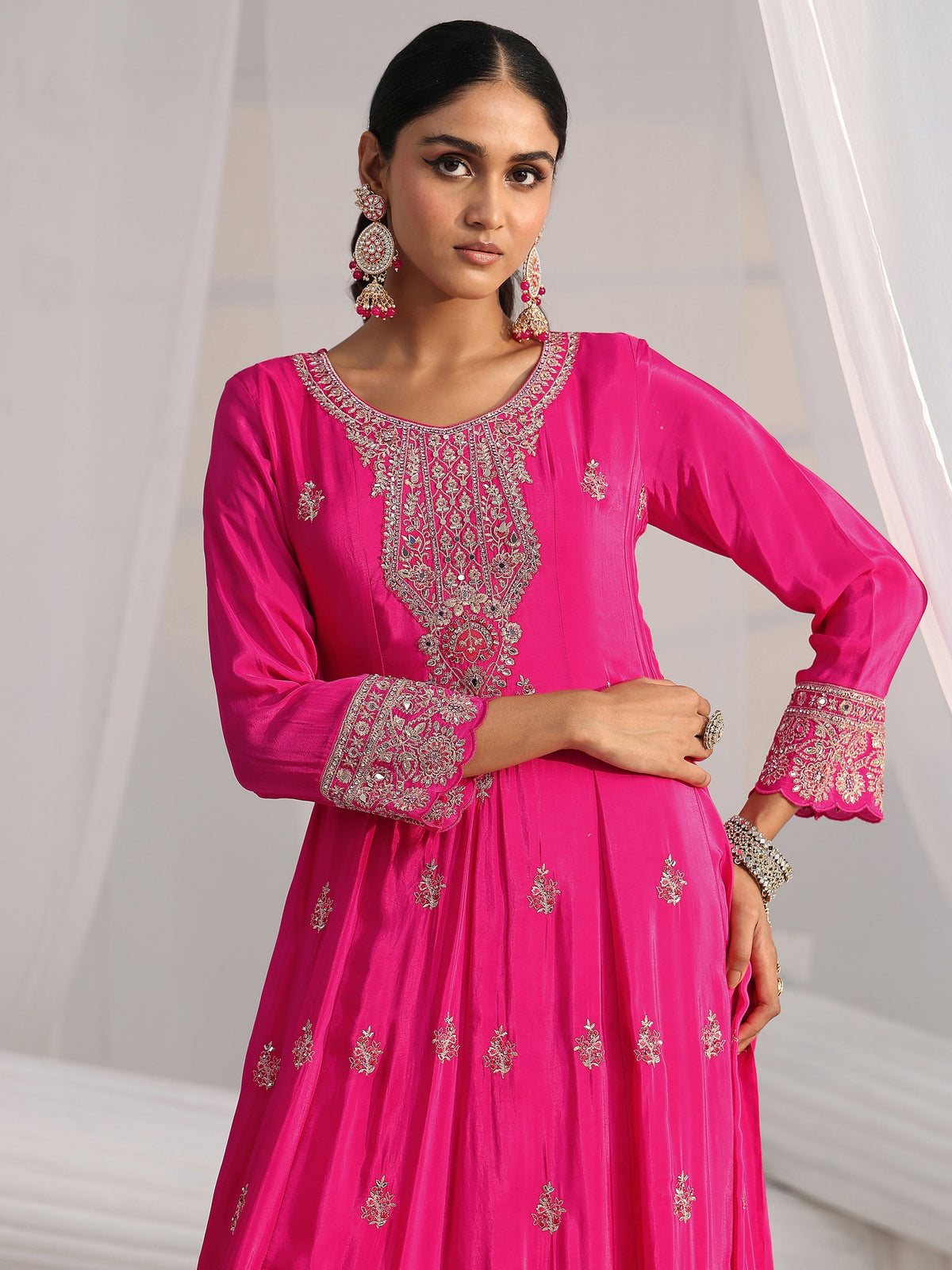 Anouk Art Hot Pink Embellished Crepe A Line Suit Set