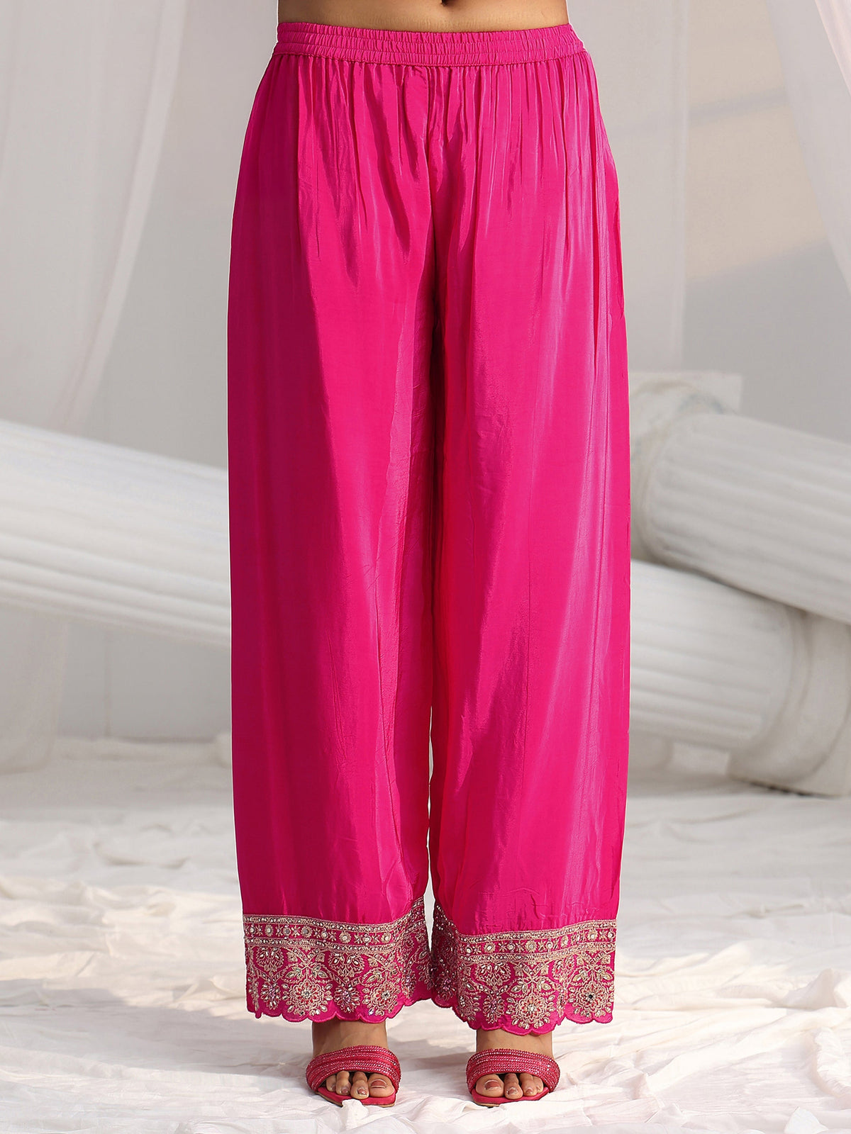 Anouk Art Hot Pink Embellished Crepe A Line Suit Set