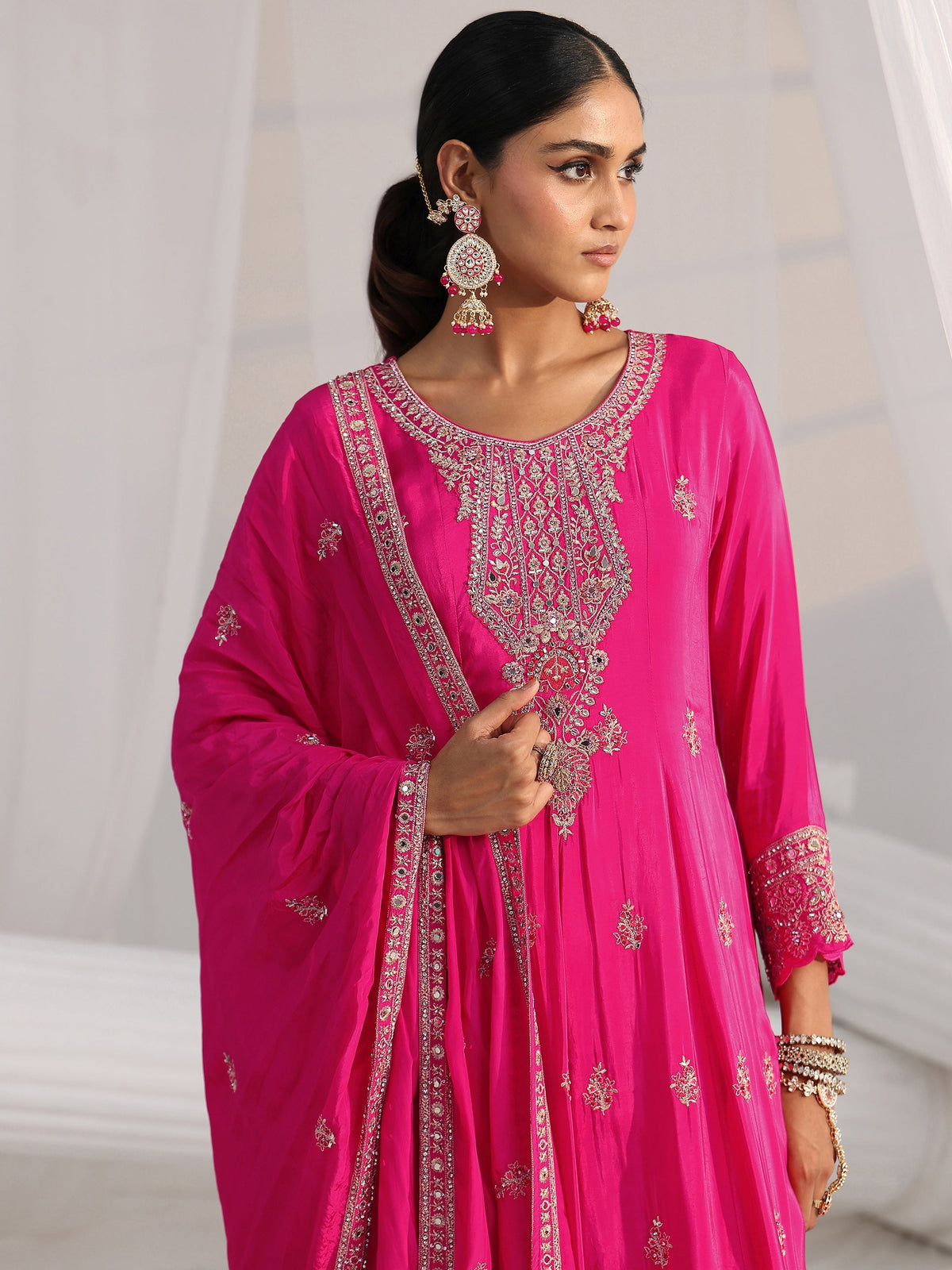 Anouk Art Hot Pink Embellished Crepe A Line Suit Set