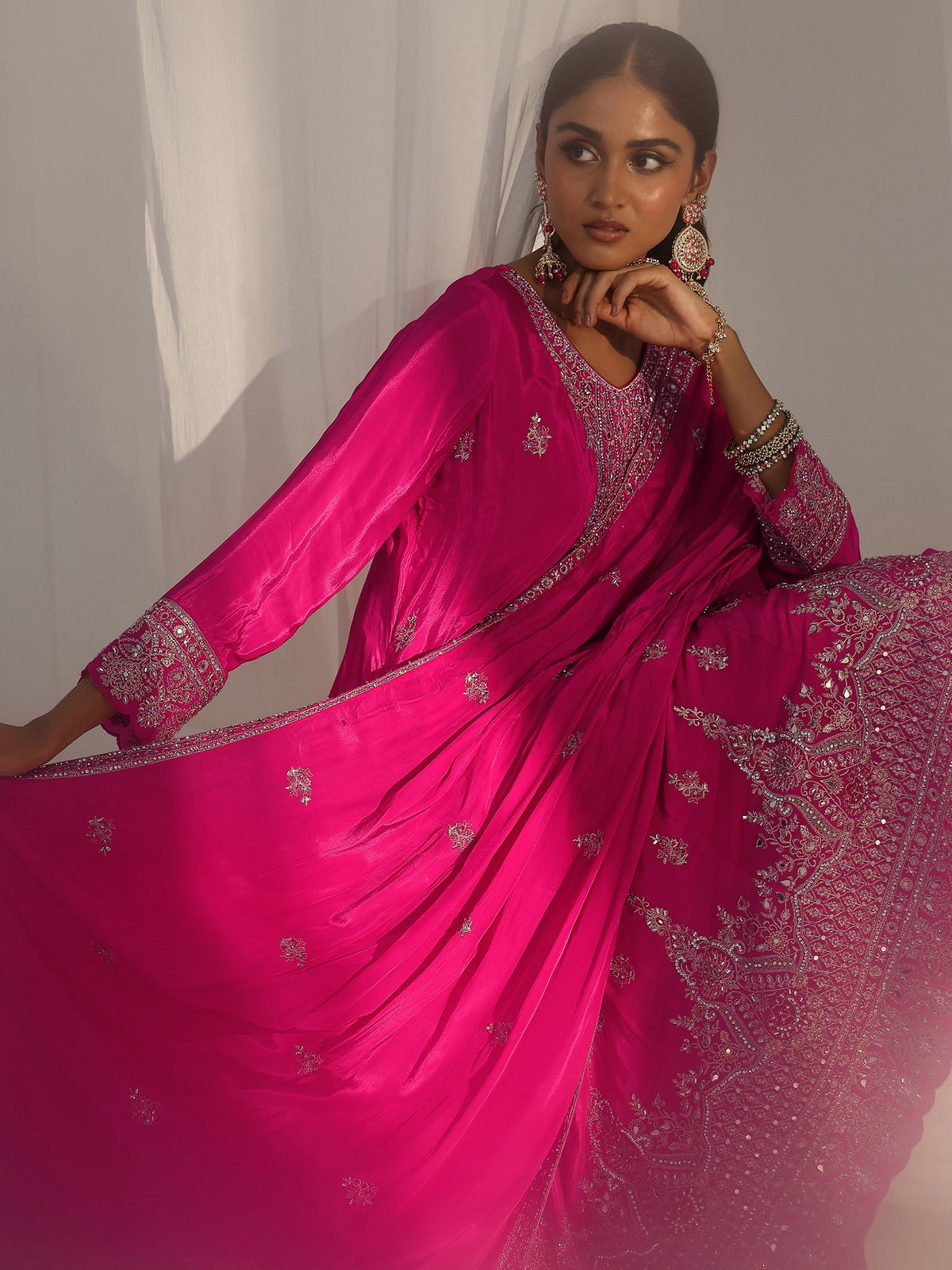 Anouk Art Hot Pink Embellished Crepe A Line Suit Set