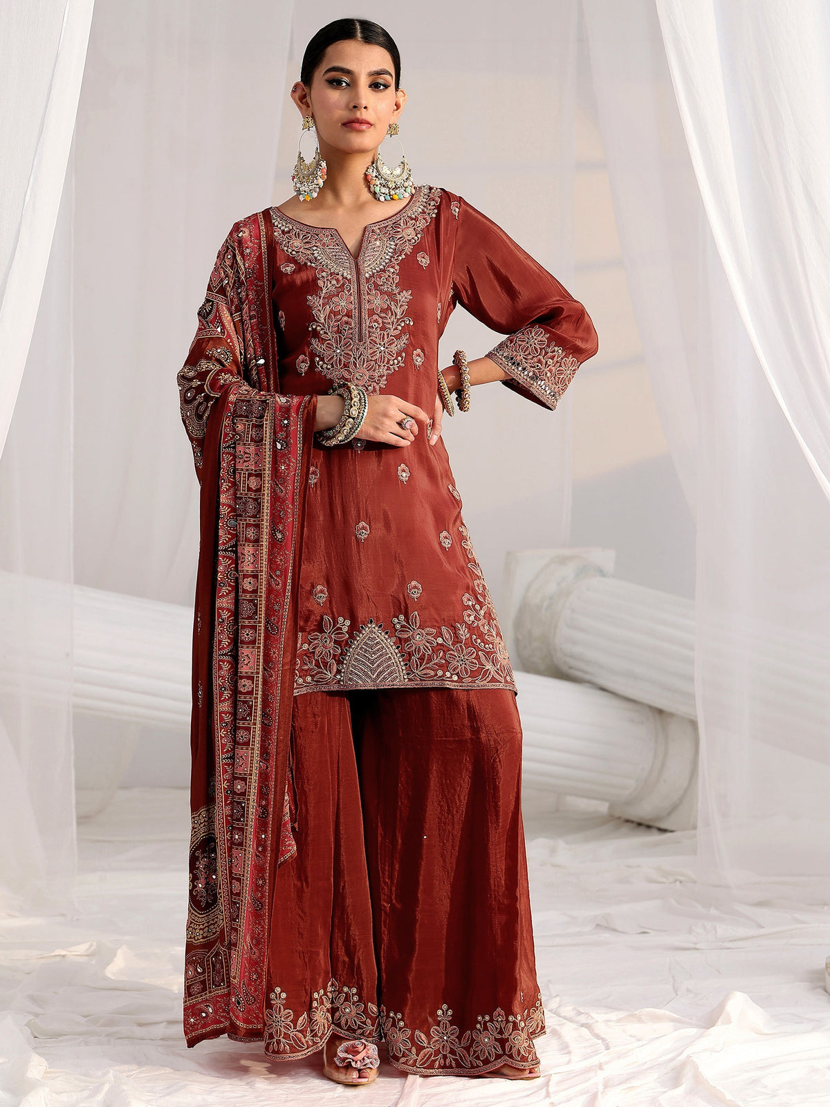 Anouk Art Rust Brown Floral Embroidered Crepe Palazzo Suit Set