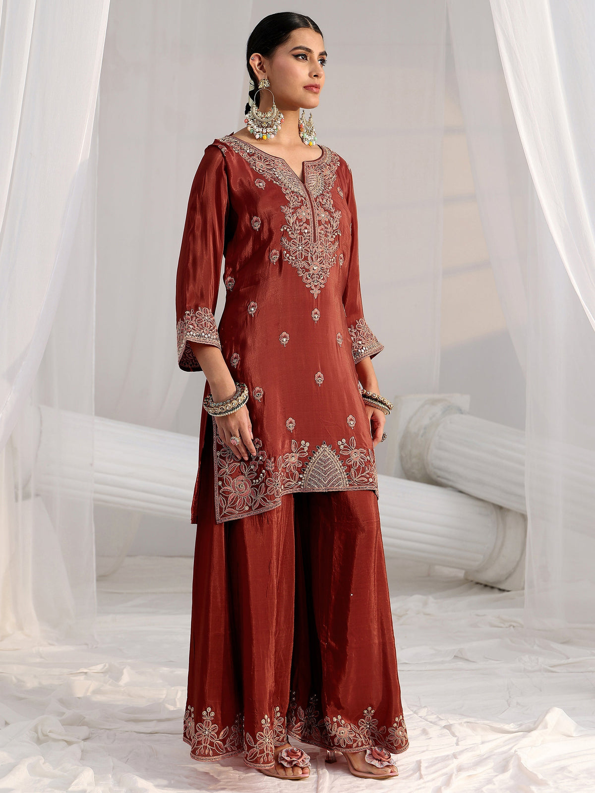 Anouk Art Rust Brown Floral Embroidered Crepe Palazzo Suit Set