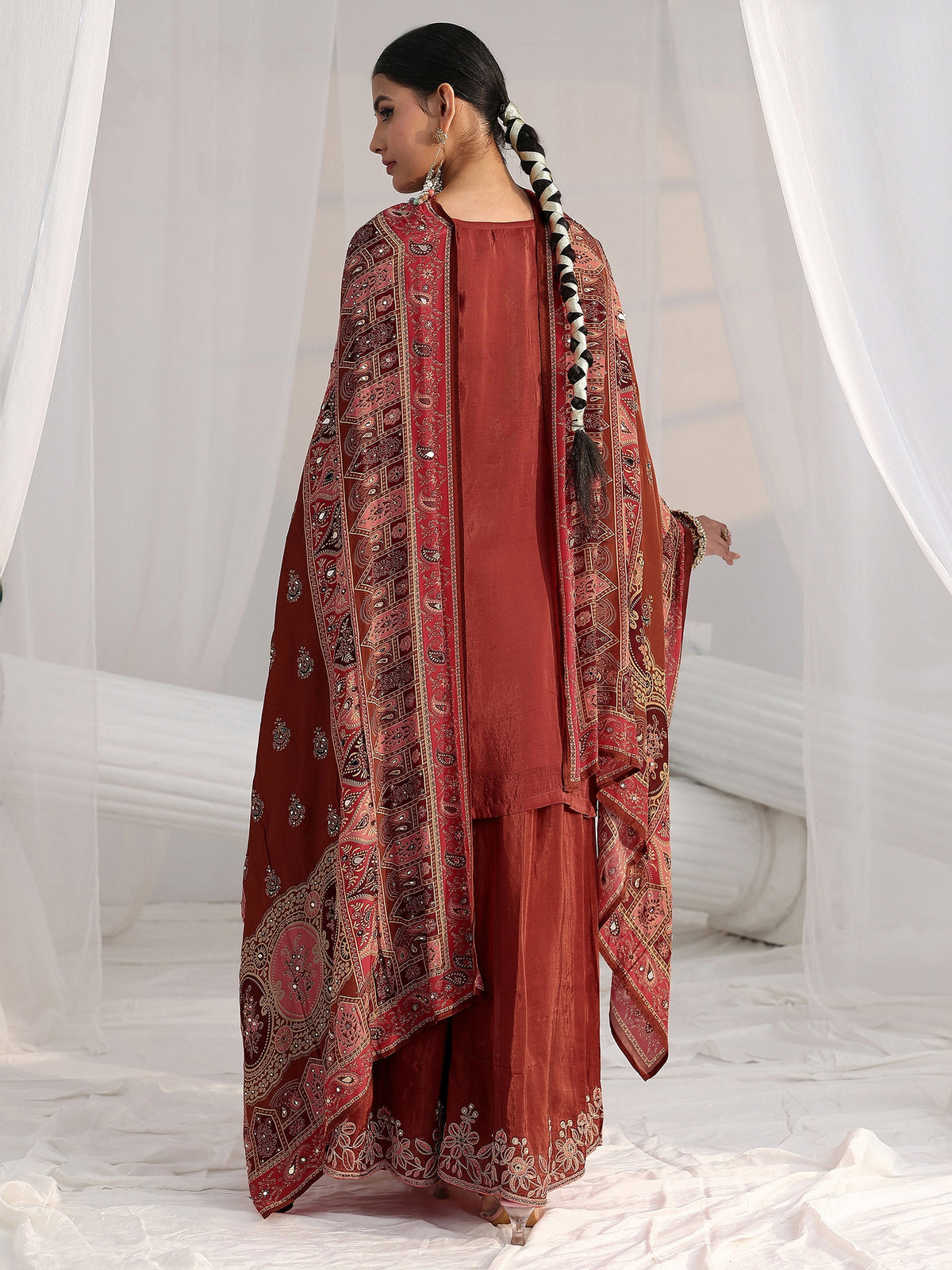Anouk Art Rust Brown Floral Embroidered Crepe Palazzo Suit Set