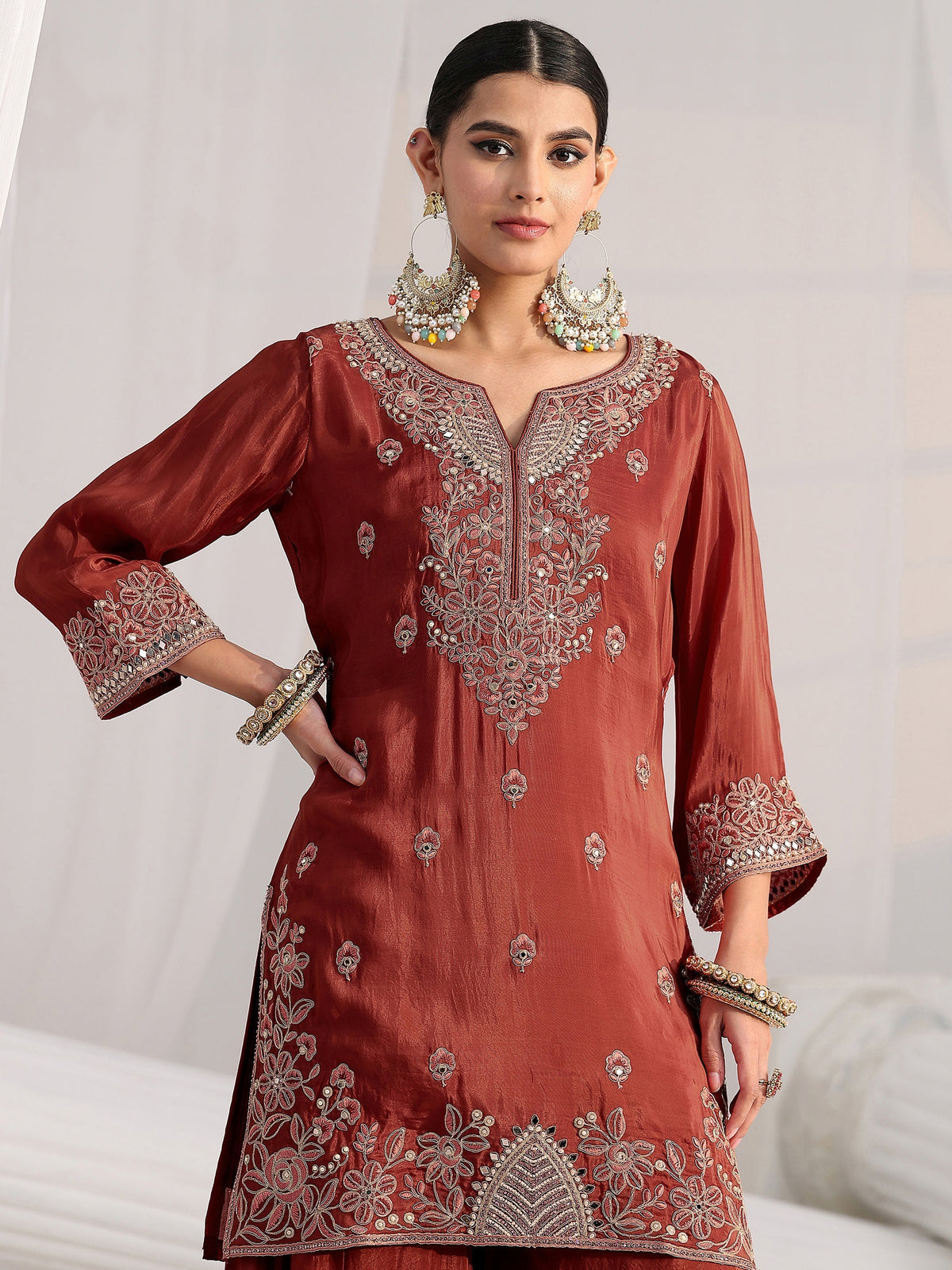 Anouk Art Rust Brown Floral Embroidered Crepe Palazzo Suit Set