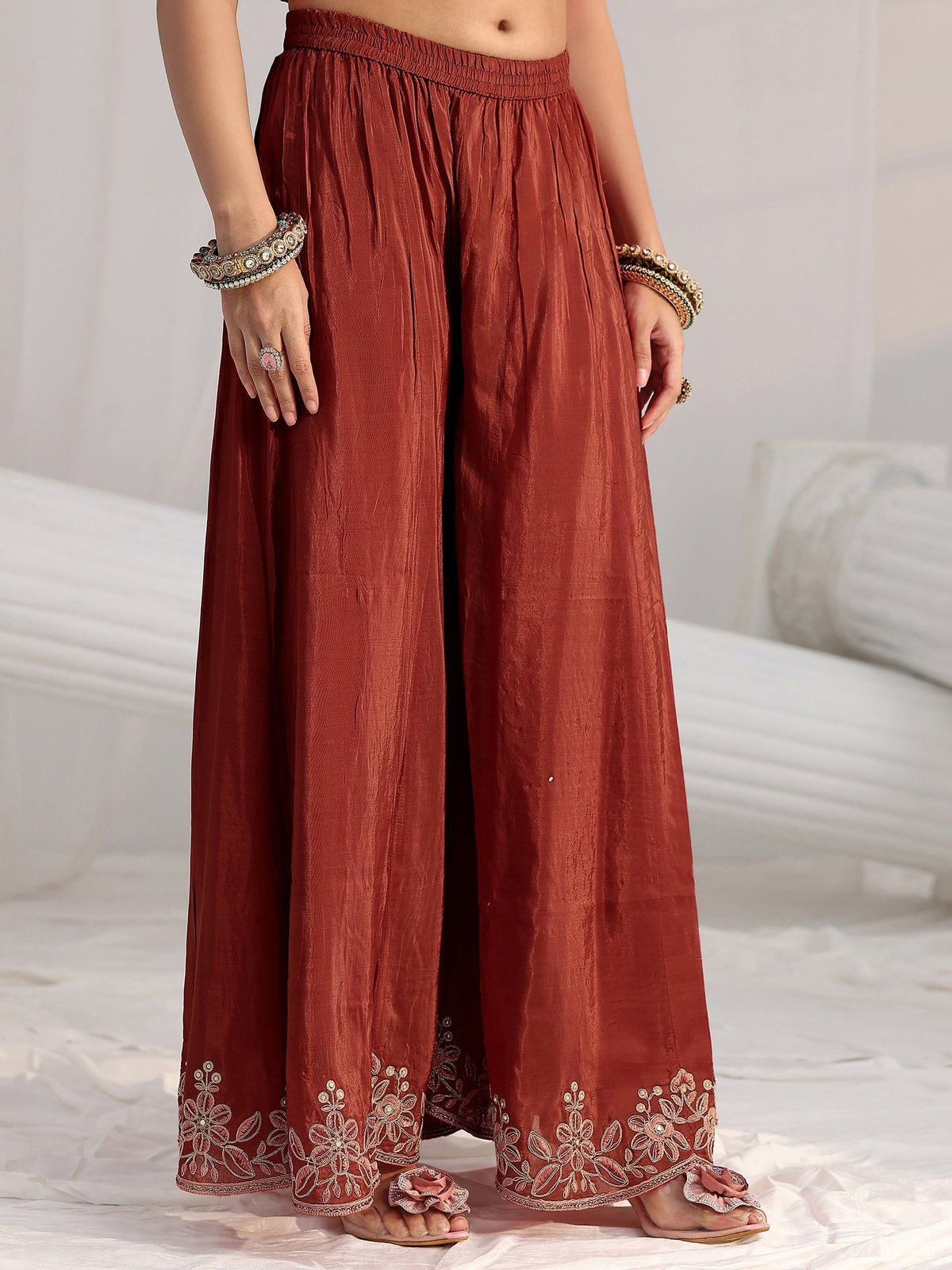 Anouk Art Rust Brown Floral Embroidered Crepe Palazzo Suit Set
