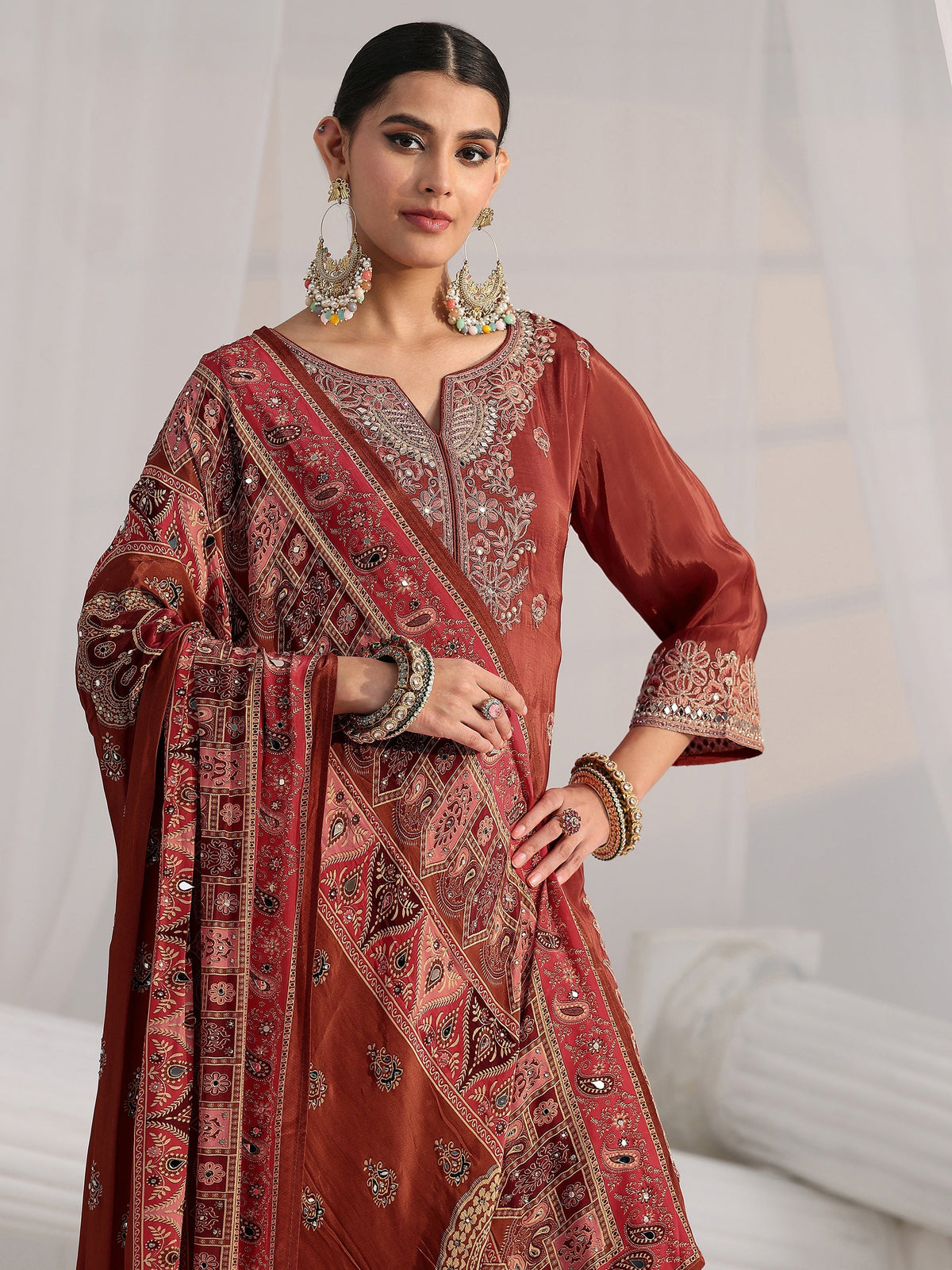 Anouk Art Rust Brown Floral Embroidered Crepe Palazzo Suit Set